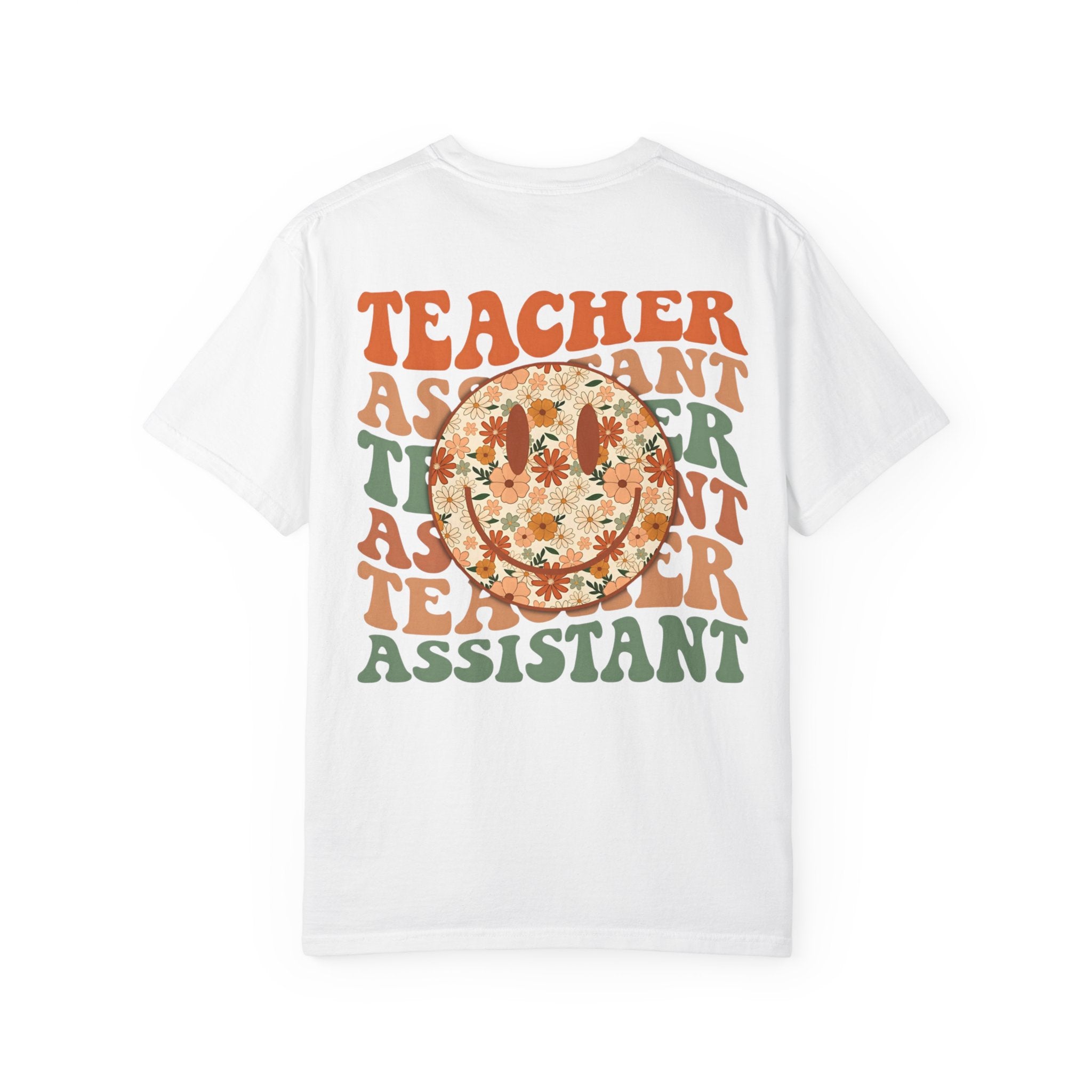 Teacher Assistant Floral Smiley T-Shirt | Retro Typography, Fall Colors