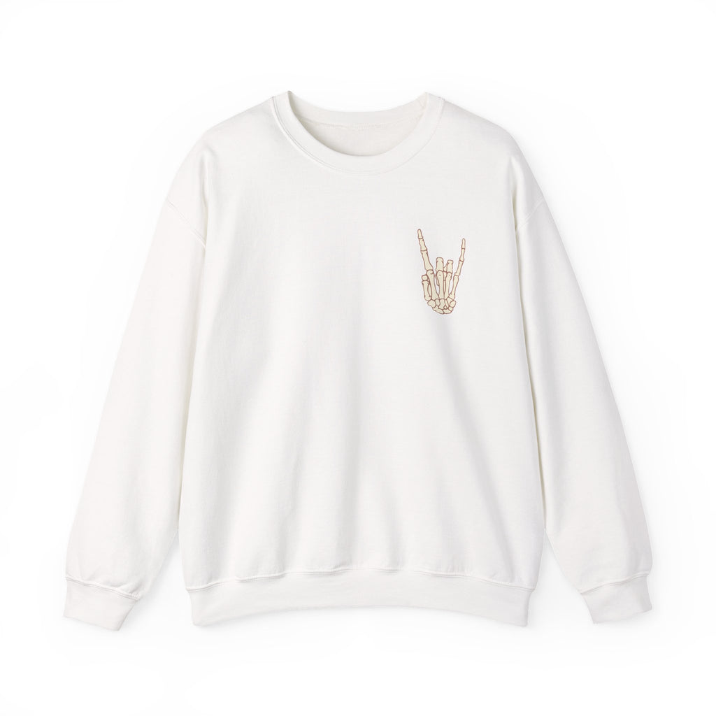 Halloweentown University Crewneck Sweatshirt — Skeleton Hand Rock On Pullover