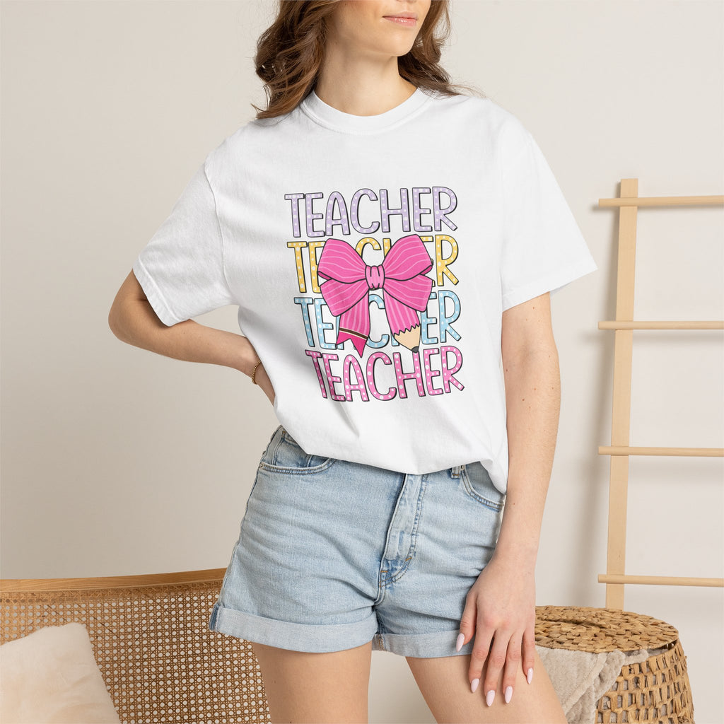 Teacher Stack with Pink Bow T-shirt | Teacher Typography Shirt