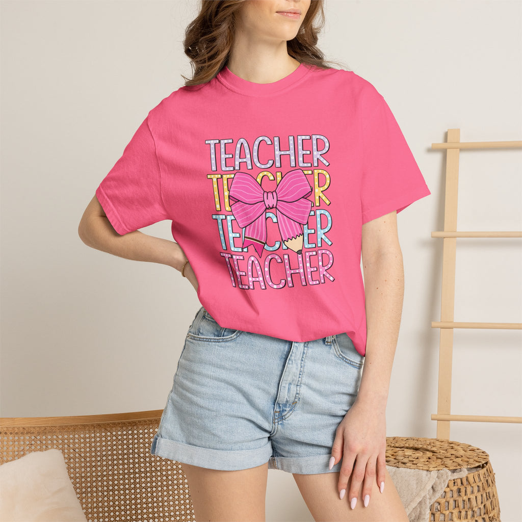 Teacher Stack with Pink Bow T-shirt | Teacher Typography Shirt