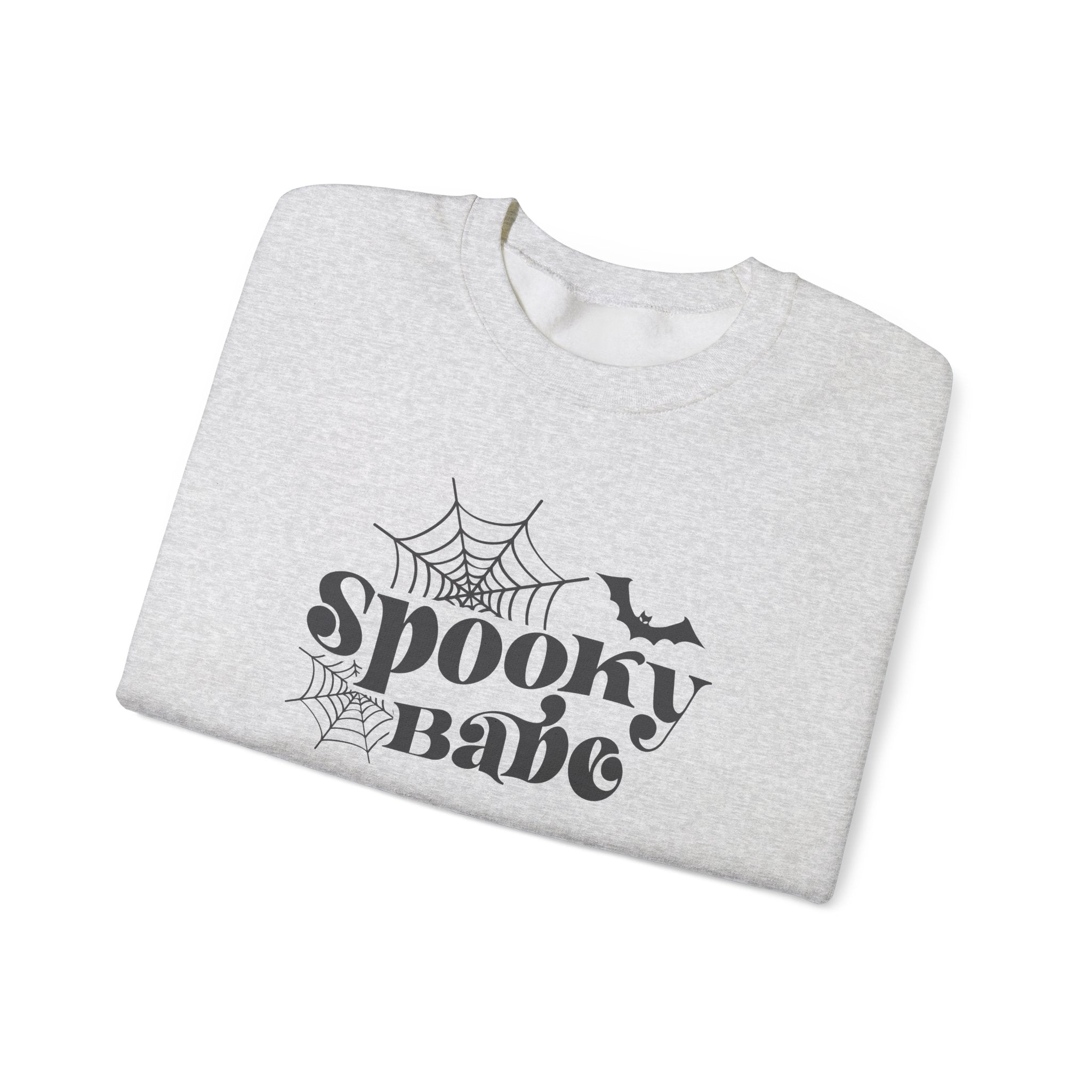 Spooky Babe Sweatshirt — Halloween Spiderweb & Bat Graphic Crewneck