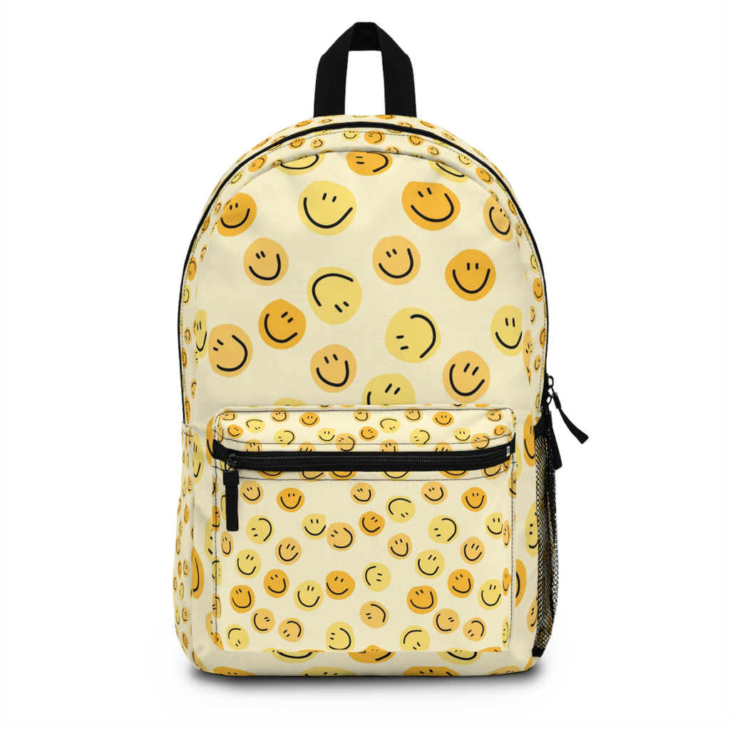 Smiley Face Pattern Backpack — Cheerful Yellow Emoji School Bag
