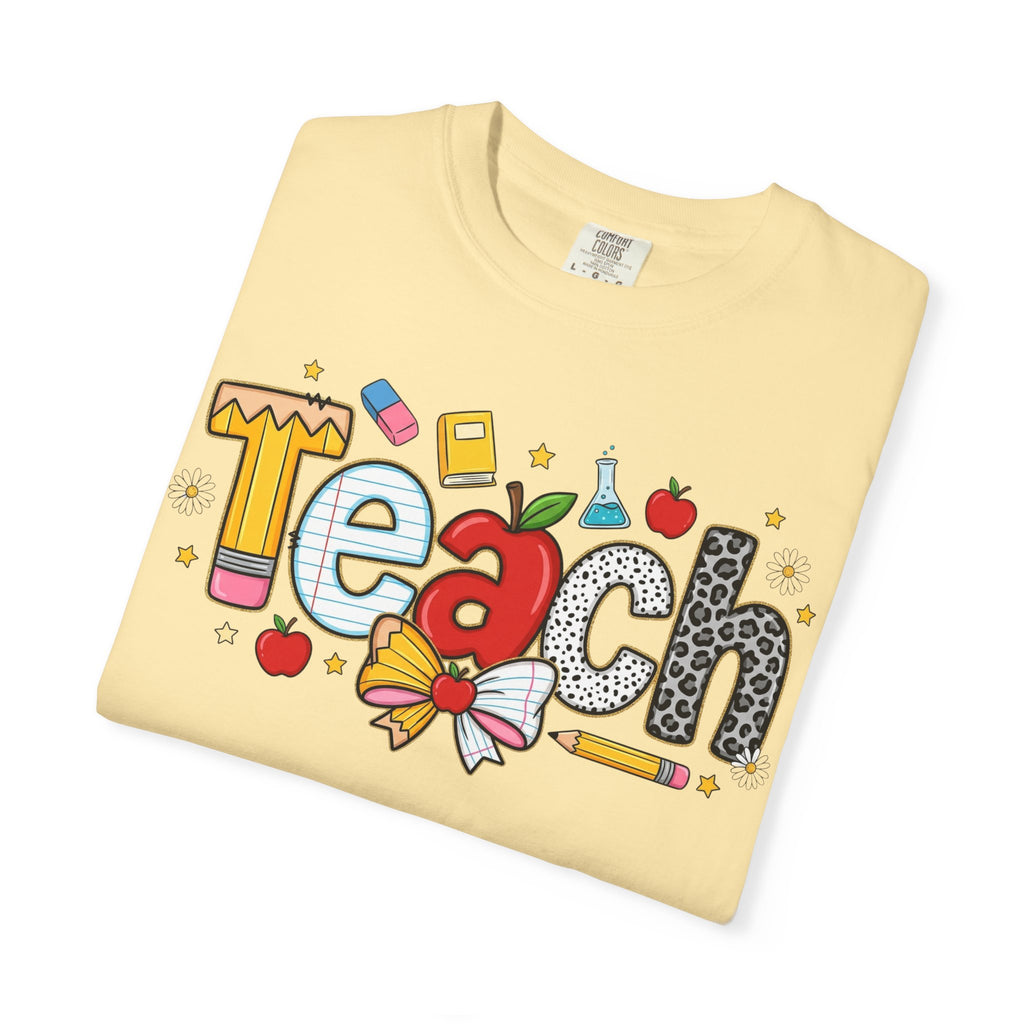 Teach Graphic T-Shirt — Cute School Teacher Gift (Apple, Pencil & Bow Design)