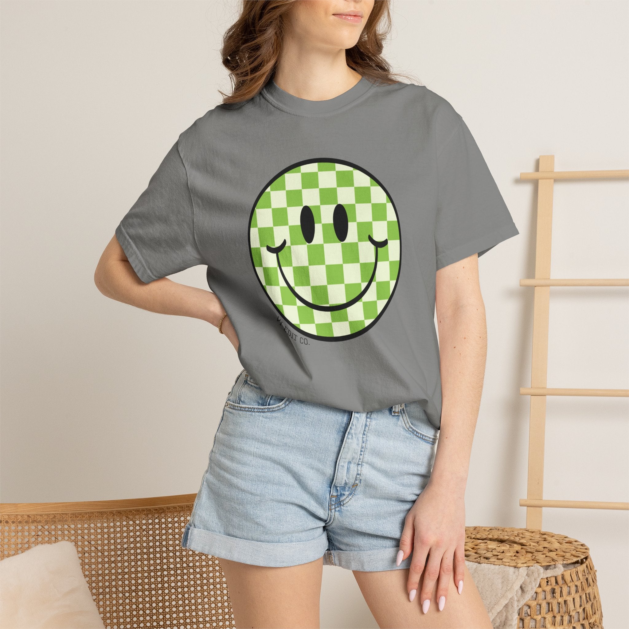 Green Checker Smiley Face T-shirt | Text Back "Just A Mama Who Loves Her Babes"