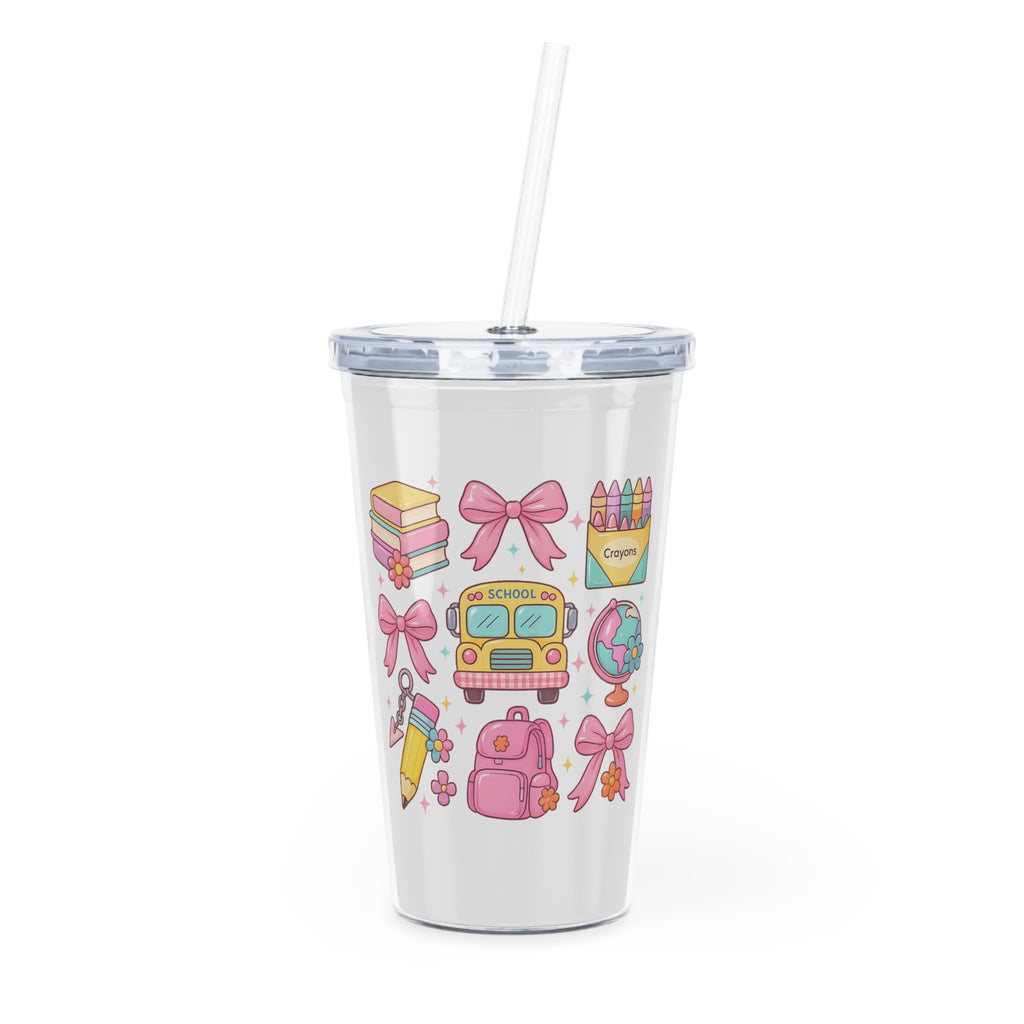School Supplies Plastic Tumbler with Straw — Cute Pink Backpack, Bus & Pencil Design