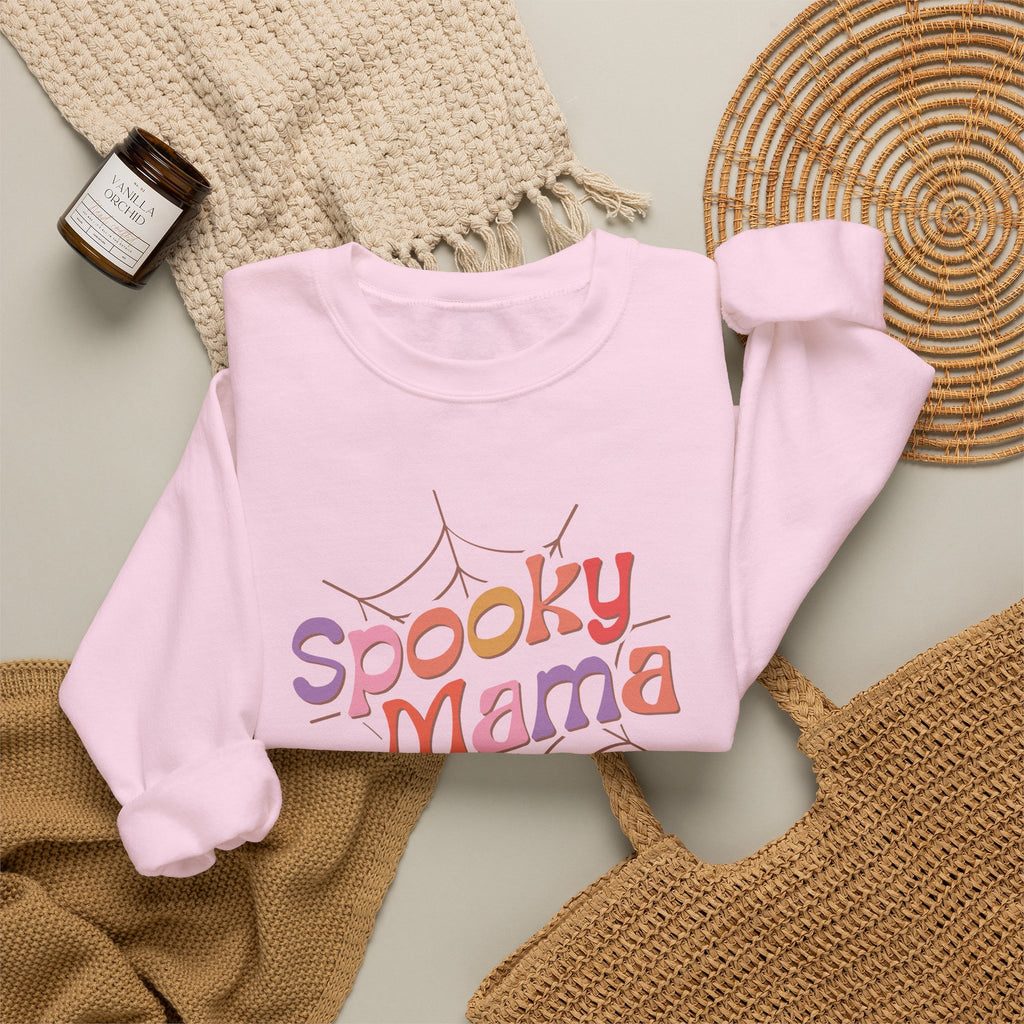 Spooky Mama Sweatshirt — Halloween Mom Crewneck with Retro Spiderweb Design