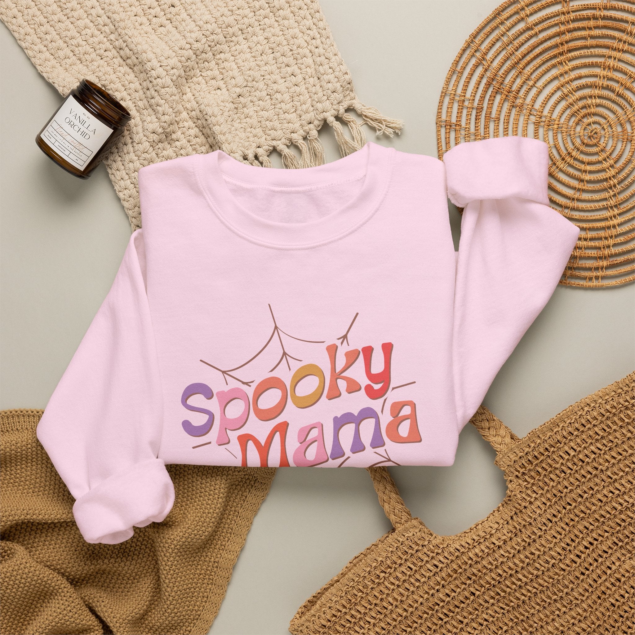 Spooky Mama Sweatshirt — Halloween Mom Crewneck with Retro Spiderweb Design