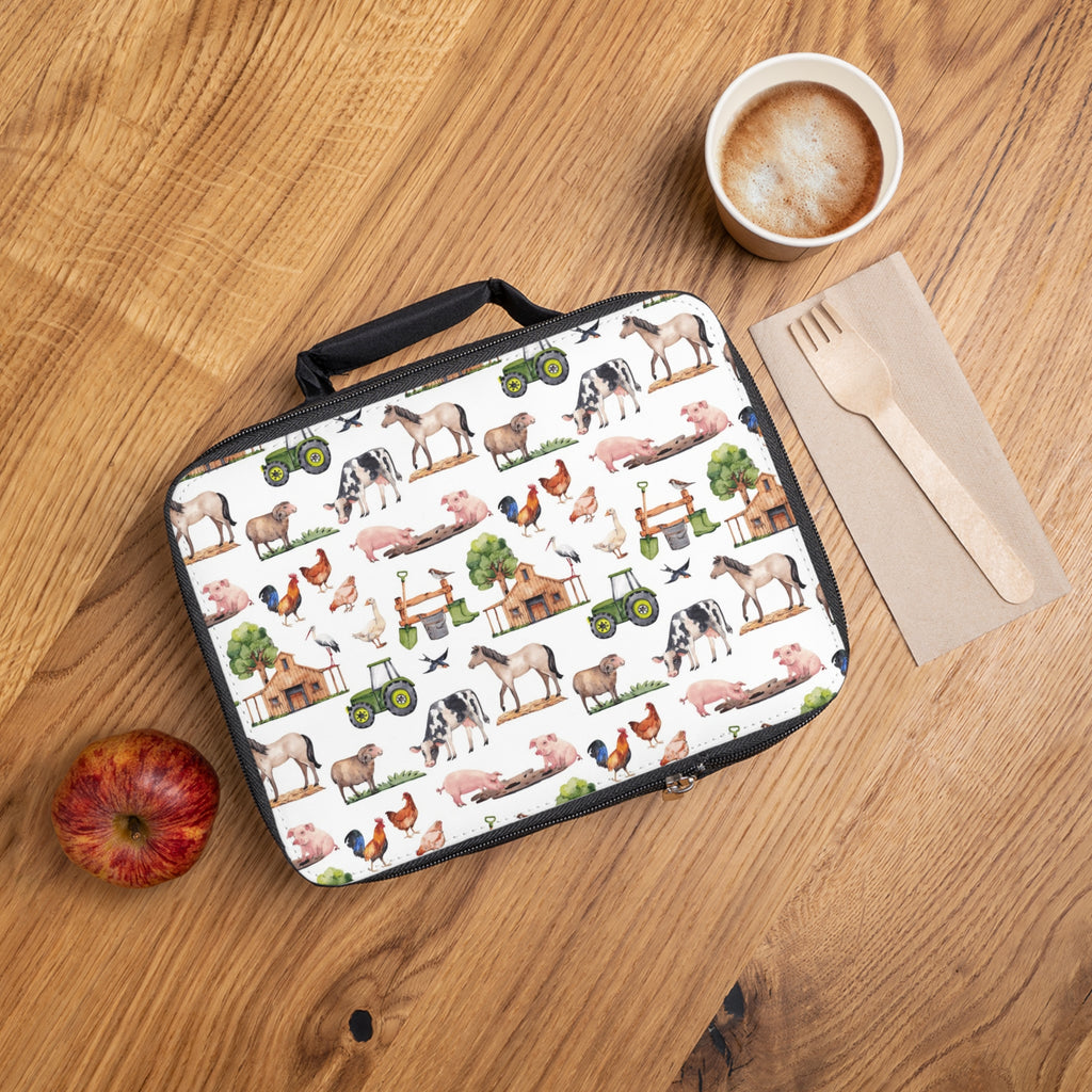 Farm Animals Lunch Bag — Cute Tractor, Cow, Pig & Chicken Pattern