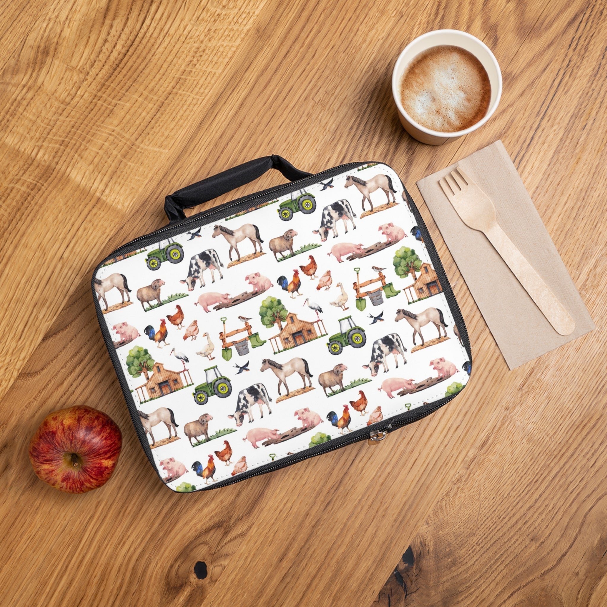 Farm Animals Lunch Bag — Cute Tractor, Cow, Pig & Chicken Pattern