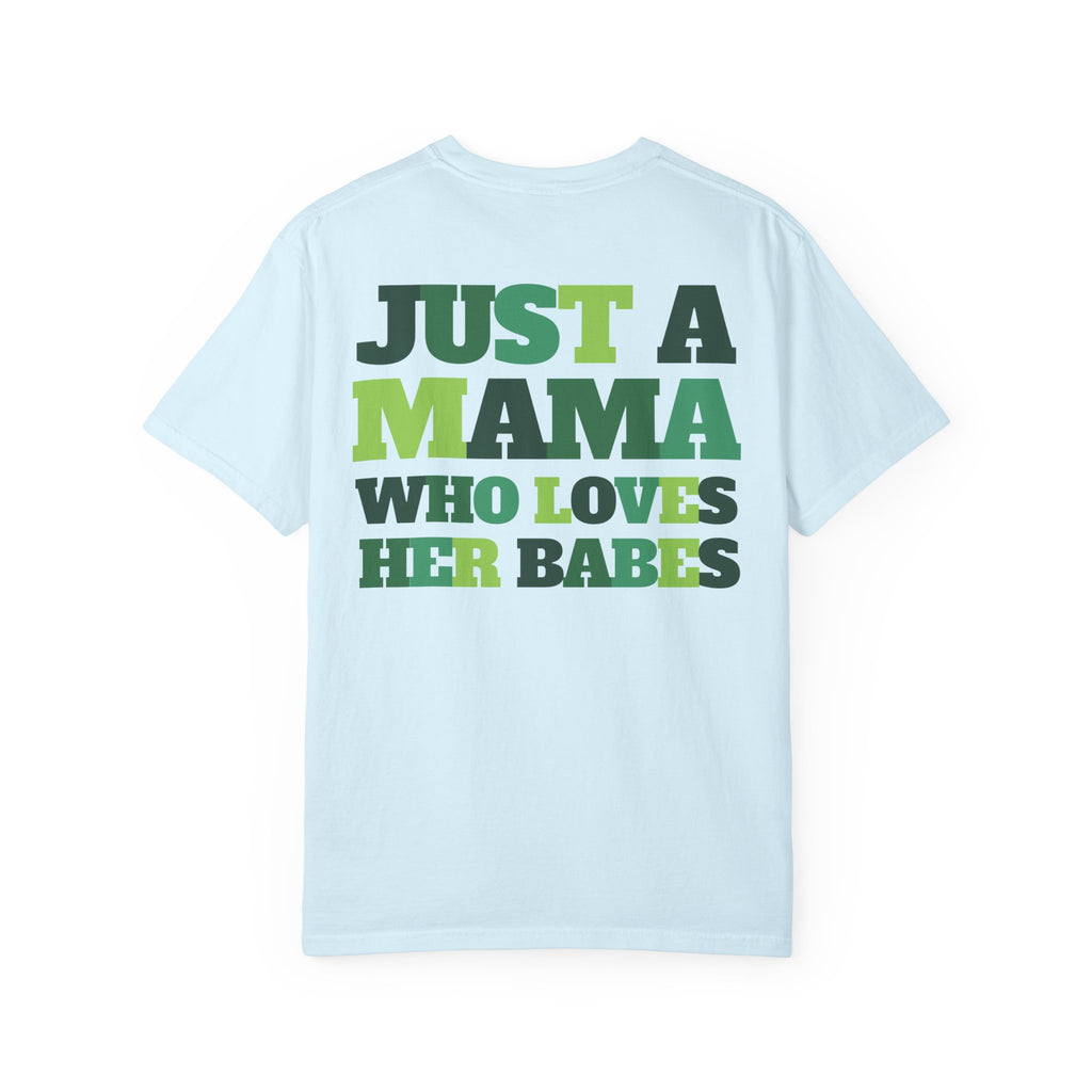 Green Checker Smiley Face T-shirt | Text Back "Just A Mama Who Loves Her Babes"