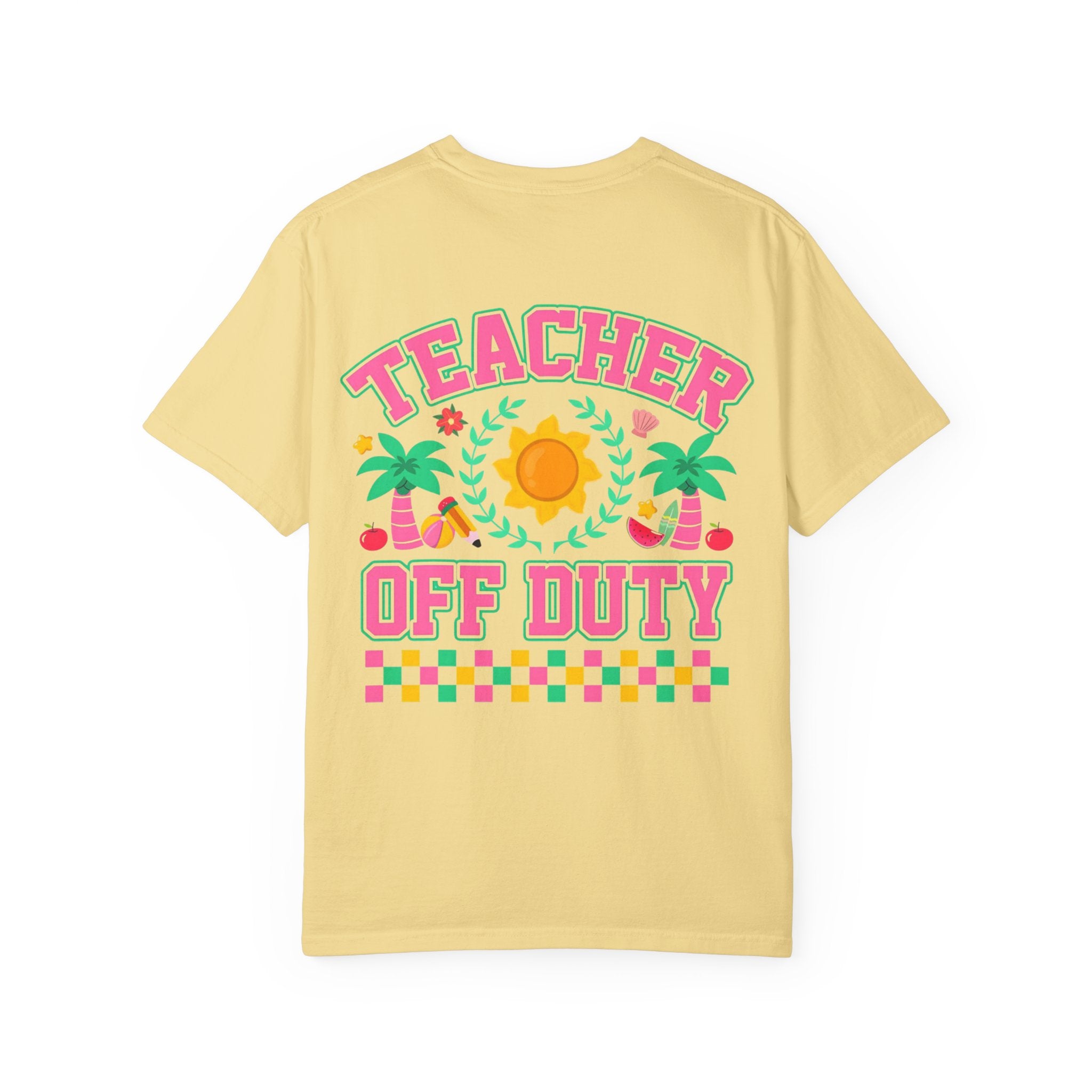 Teacher Off Duty T-Shirt | Beach Sun Palm Trees Retro Checkerboard