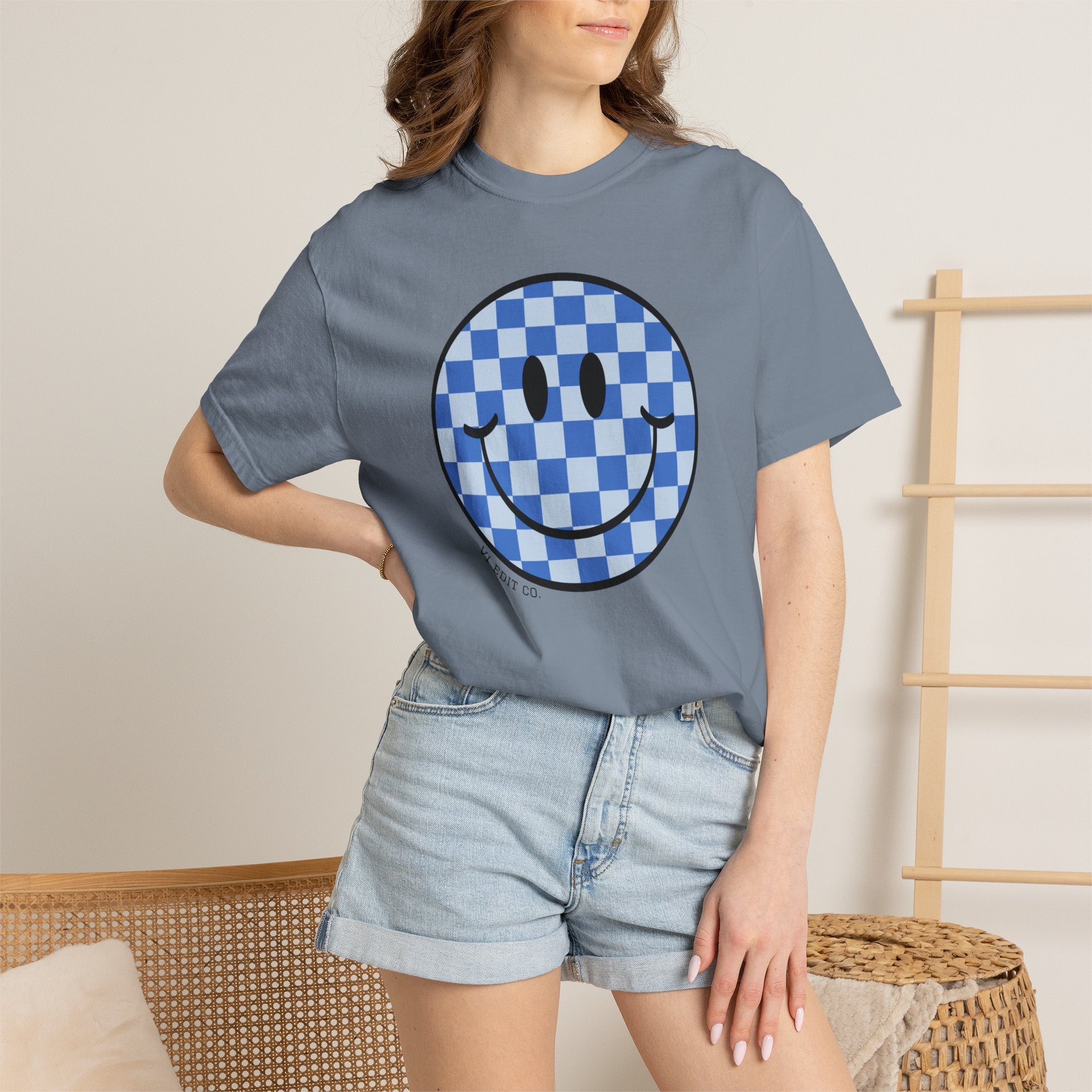 Blue Checkerboard Smiley T-shirt | Mama Who Loves Her Boy Tee