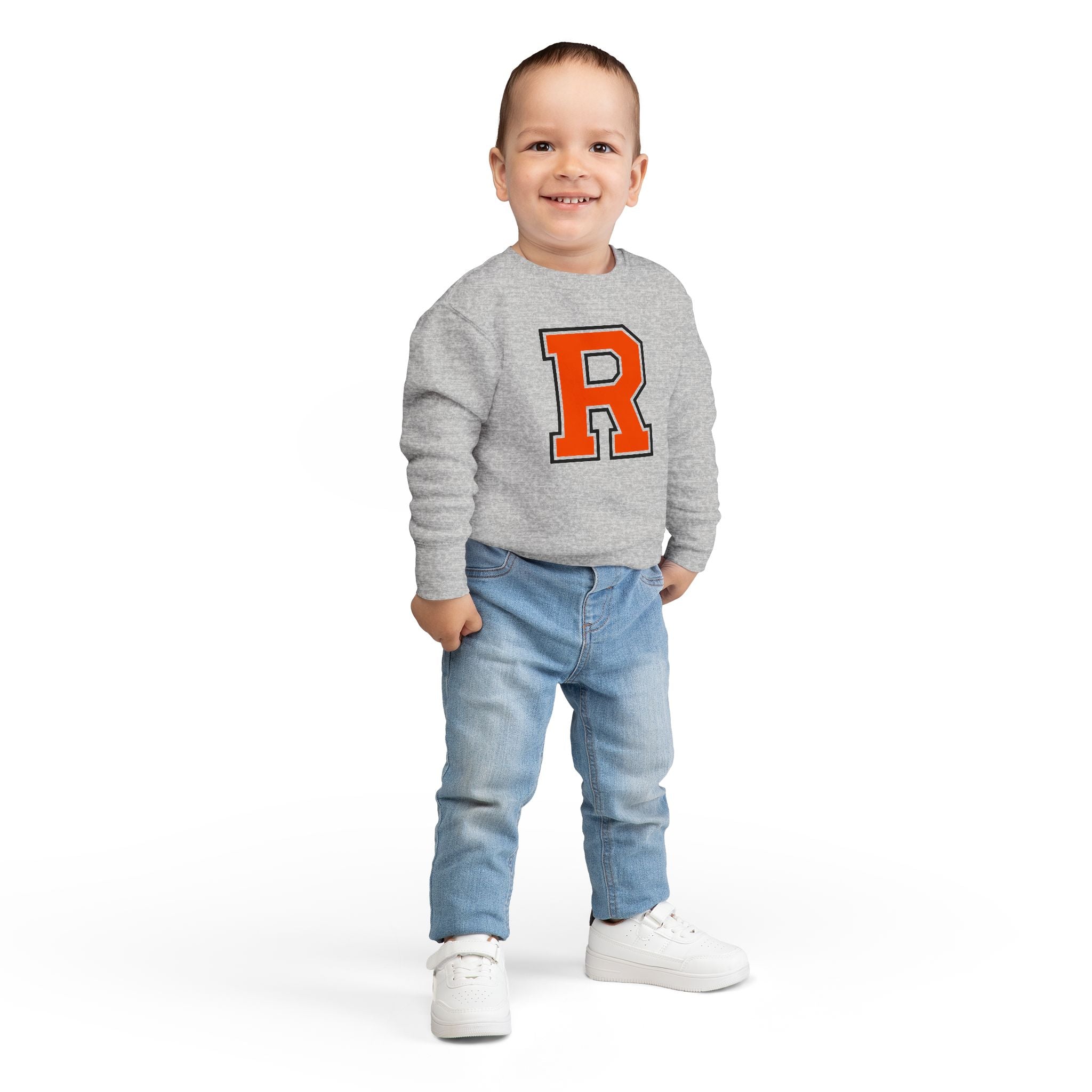 Toddler Sweatshirt - Vintage Letter R Crewneck Kids Pullover (Gray, Orange)