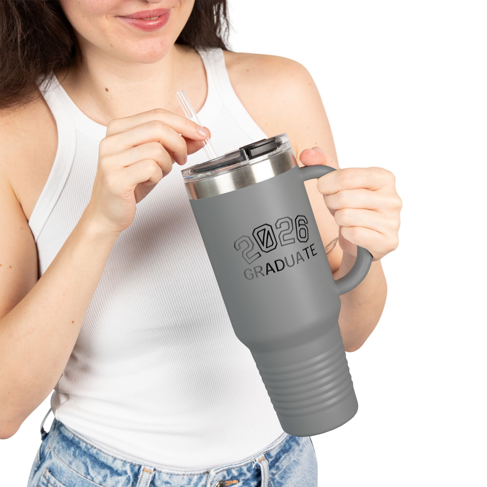 2026 Graduate 40oz Insulated Travel Mug — Large Stainless Tumbler with Straw & Handle