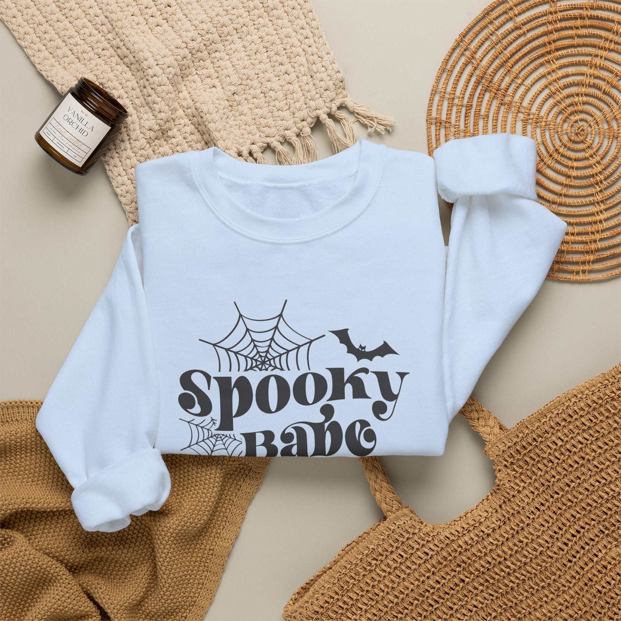 Spooky Babe Sweatshirt — Halloween Spiderweb & Bat Graphic Crewneck