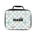 Personalized Kids Lunch Bag — Checkerboard Name Lunchbox with Cars, Dinosaurs & Rainbows