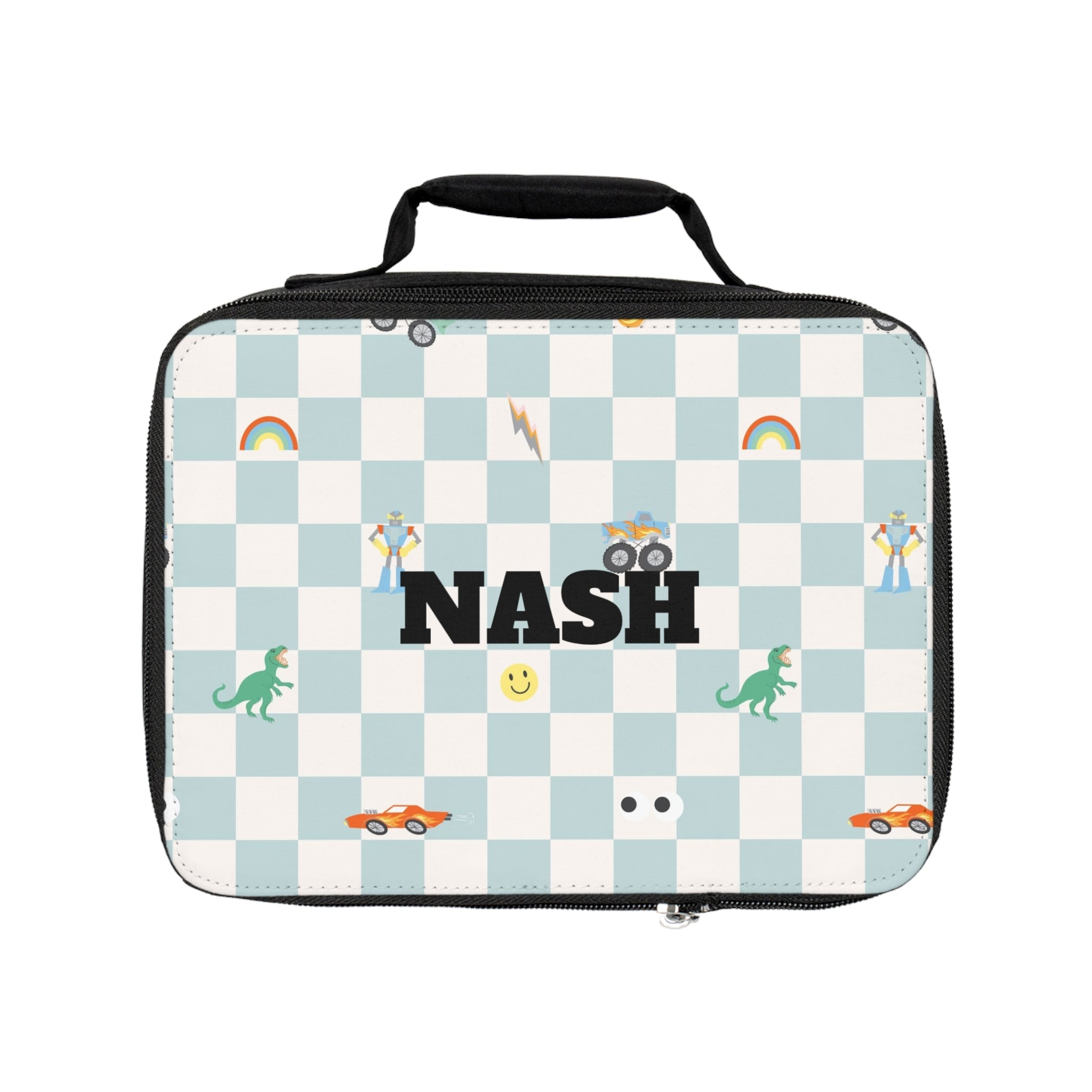 Personalized Kids Lunch Bag — Checkerboard Name Lunchbox with Cars, Dinosaurs & Rainbows