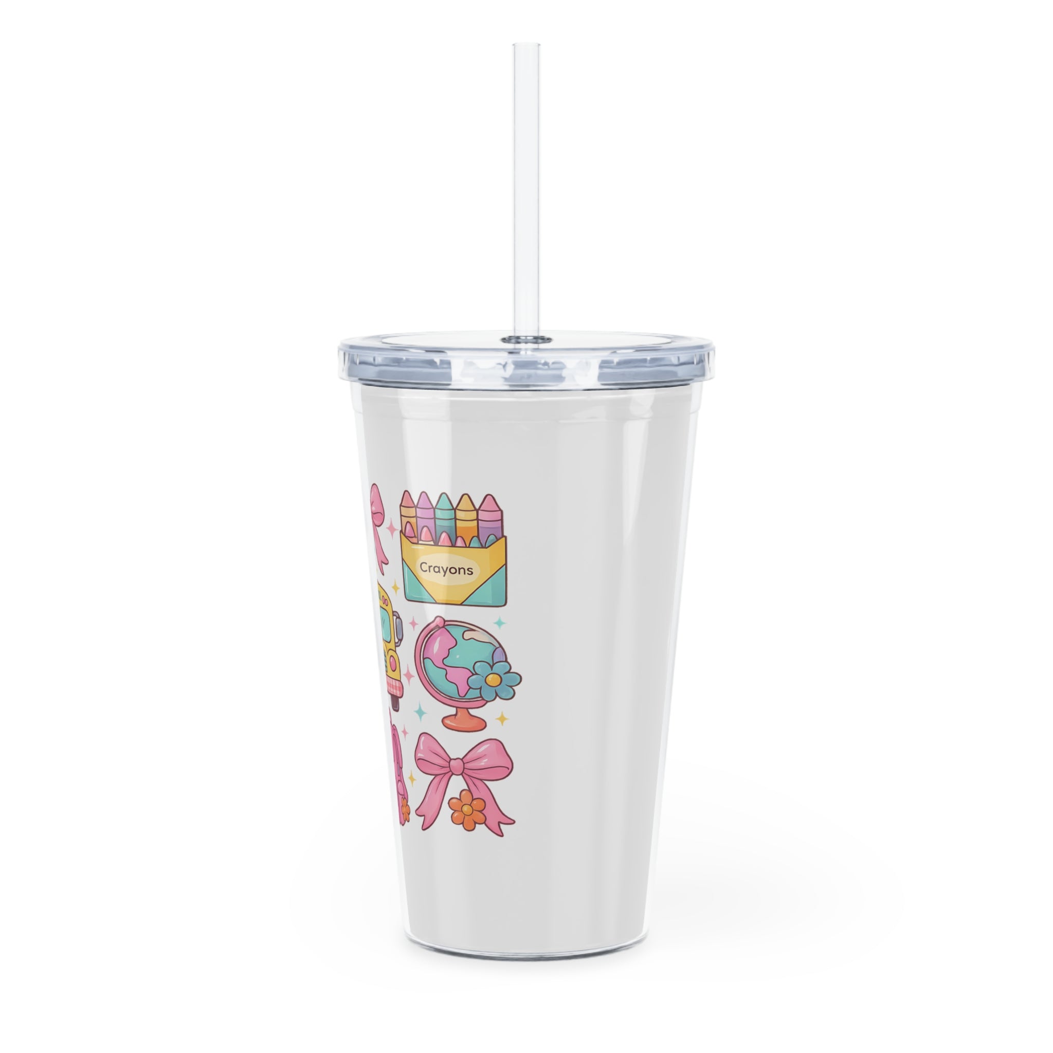 School Supplies Plastic Tumbler with Straw — Cute Pink Backpack, Bus & Pencil Design