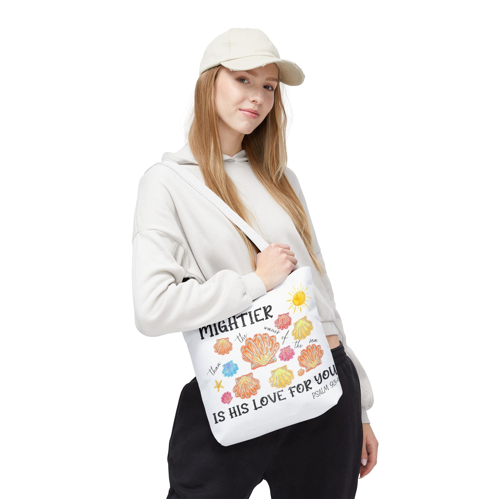 Christian Scripture Tote Bag - "Mightier Is His Love For You" Psalm 93:4 Watercolor Shells