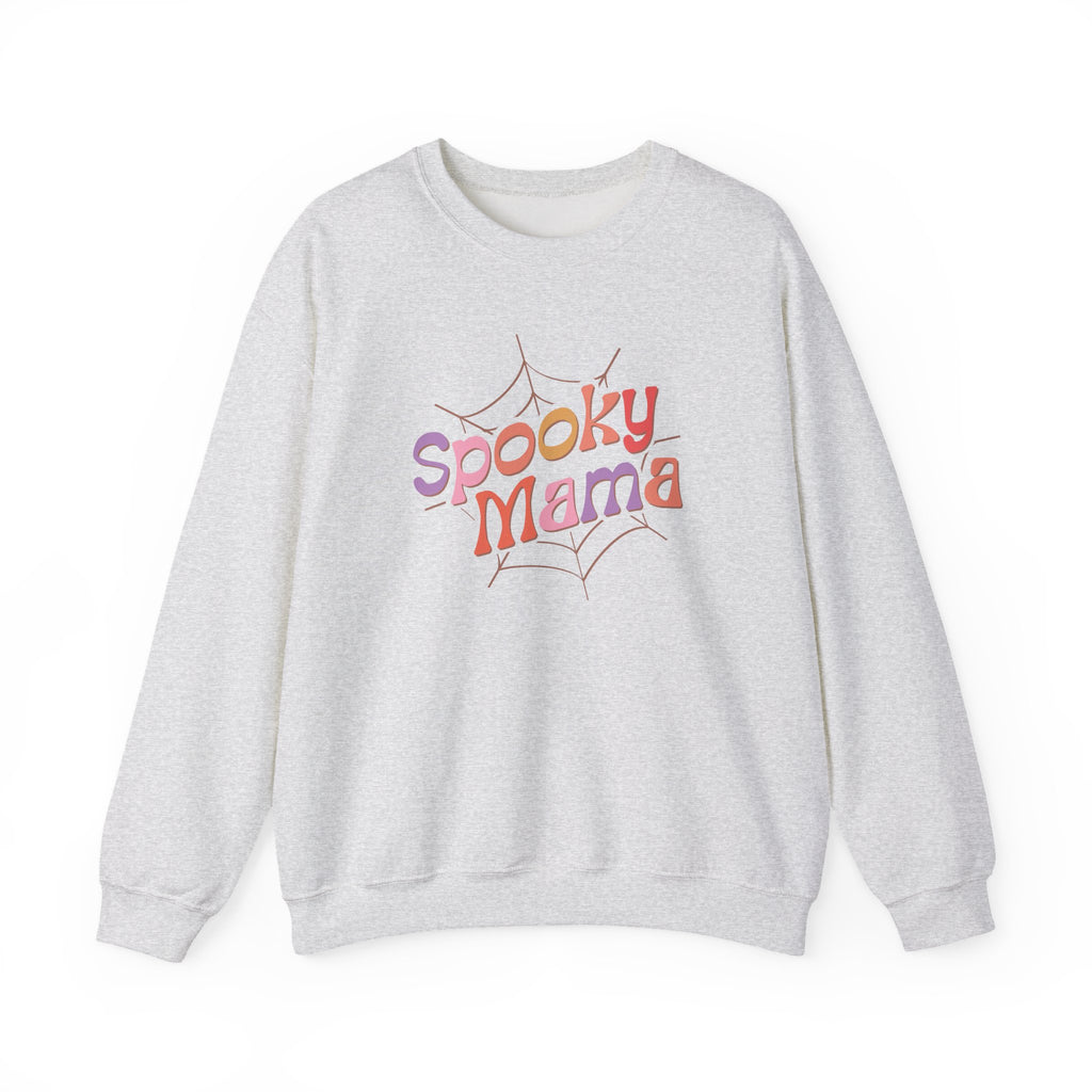 Spooky Mama Sweatshirt — Halloween Mom Crewneck with Retro Spiderweb Design