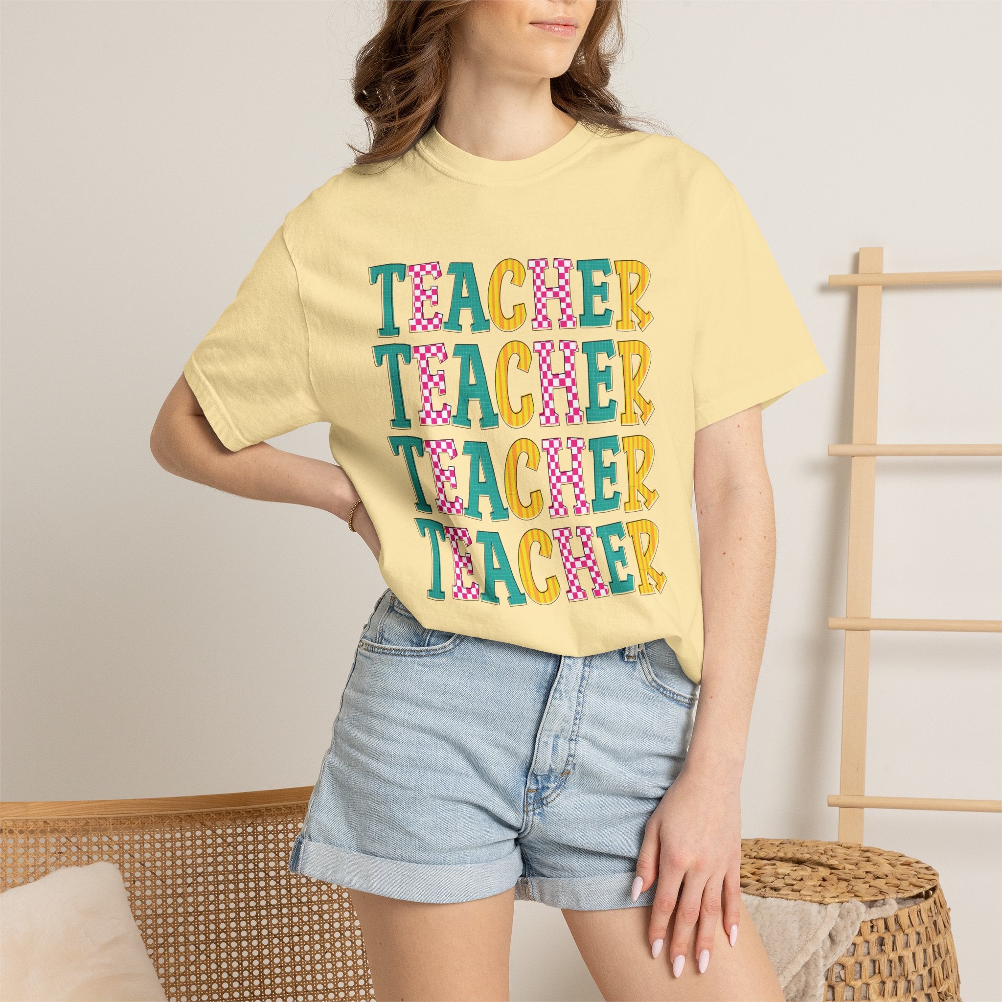Teacher Repeat Pattern T-Shirt — Colorful Back-to-School Gift