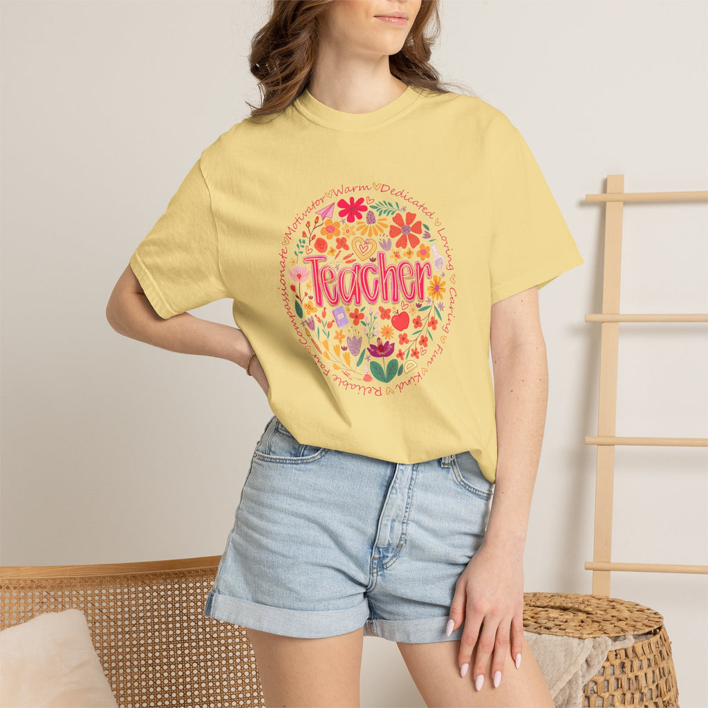 Teacher Floral Circle T-Shirt | Handlettered Teacher Typography, Bright Flower Design