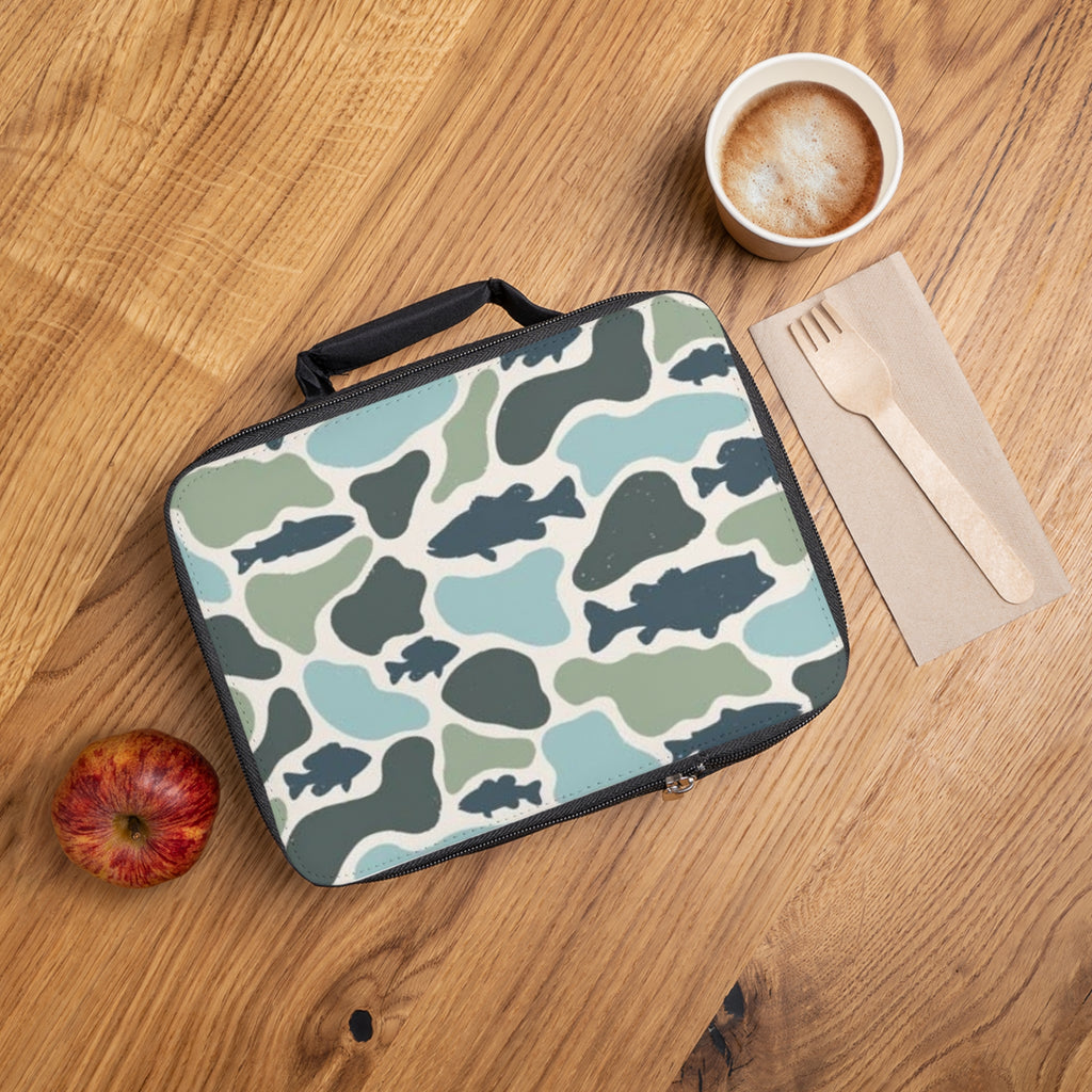 Fish Camo Lunch Bag — Insulated Kids’ Lunchbox with Blue-Green Camouflage Fish Pattern