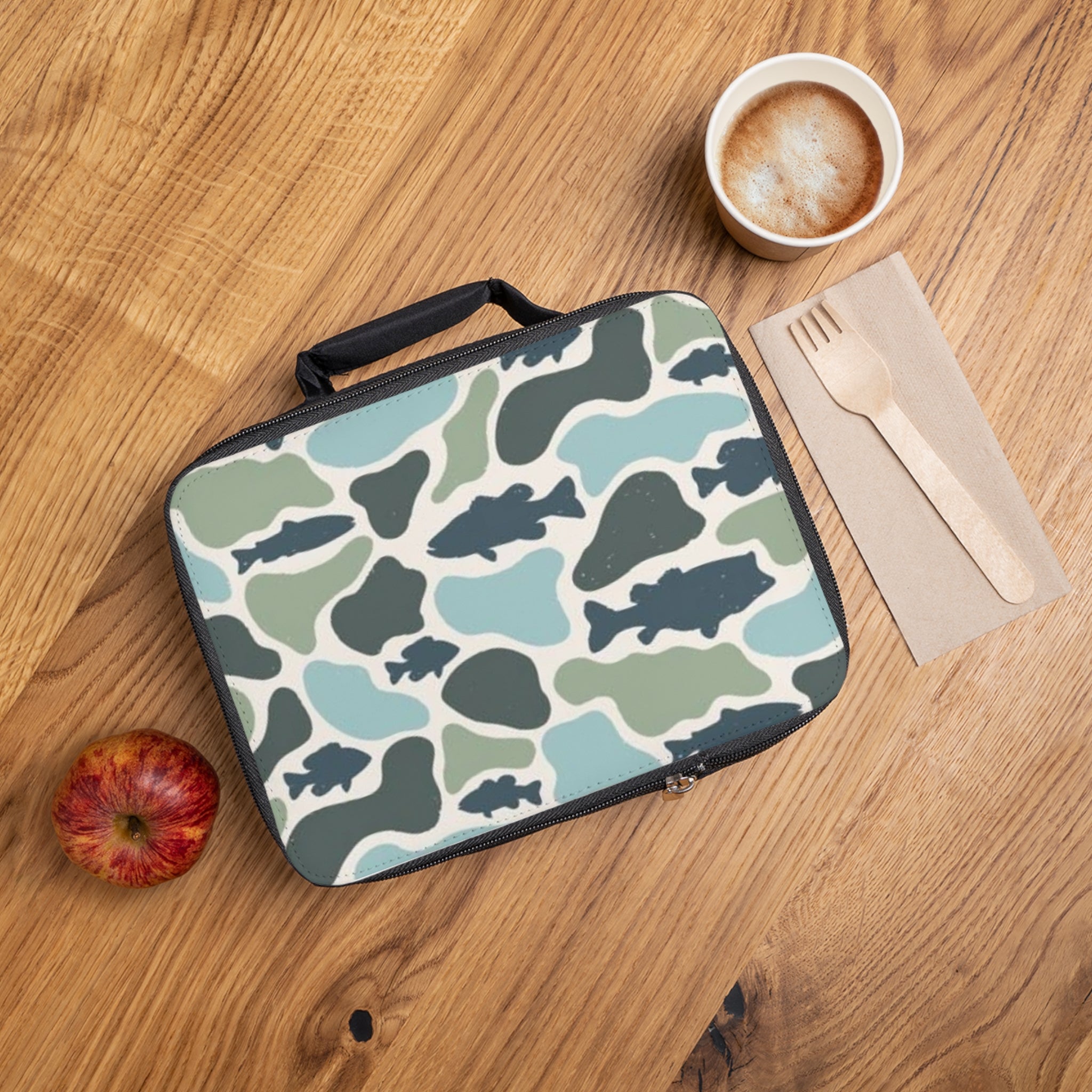 Fish Camo Lunch Bag — Insulated Kids’ Lunchbox with Blue-Green Camouflage Fish Pattern