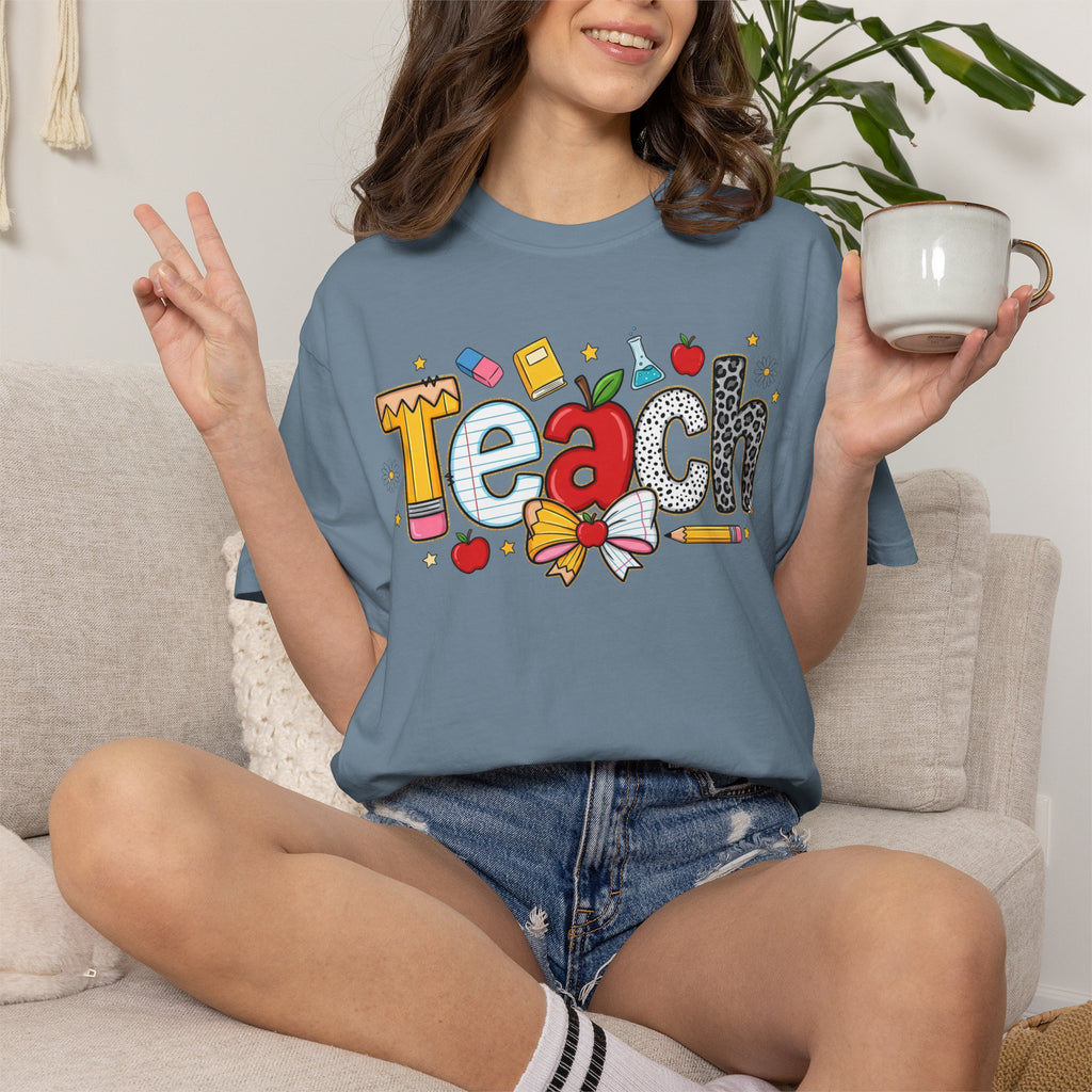 Teach Graphic T-Shirt — Cute School Teacher Gift (Apple, Pencil & Bow Design)