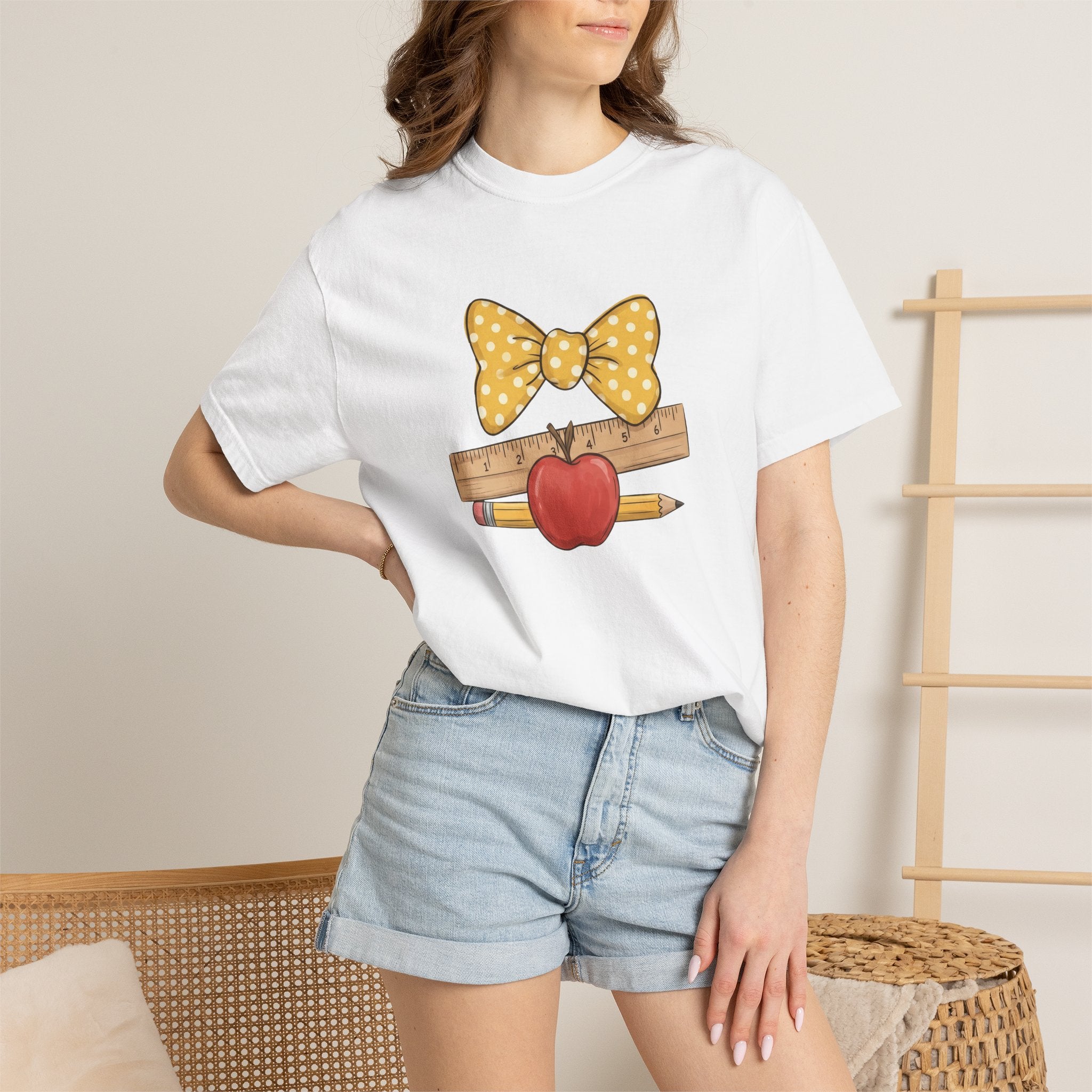 Teacher Apple & Pencil T-Shirt — Cute Polka Dot Bow Back-to-School Tee