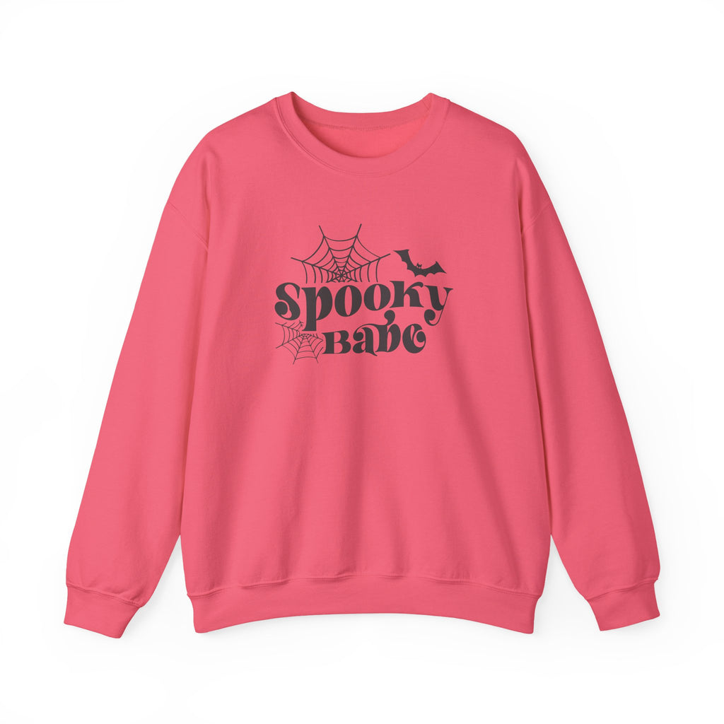 Spooky Babe Sweatshirt — Halloween Spiderweb & Bat Graphic Crewneck