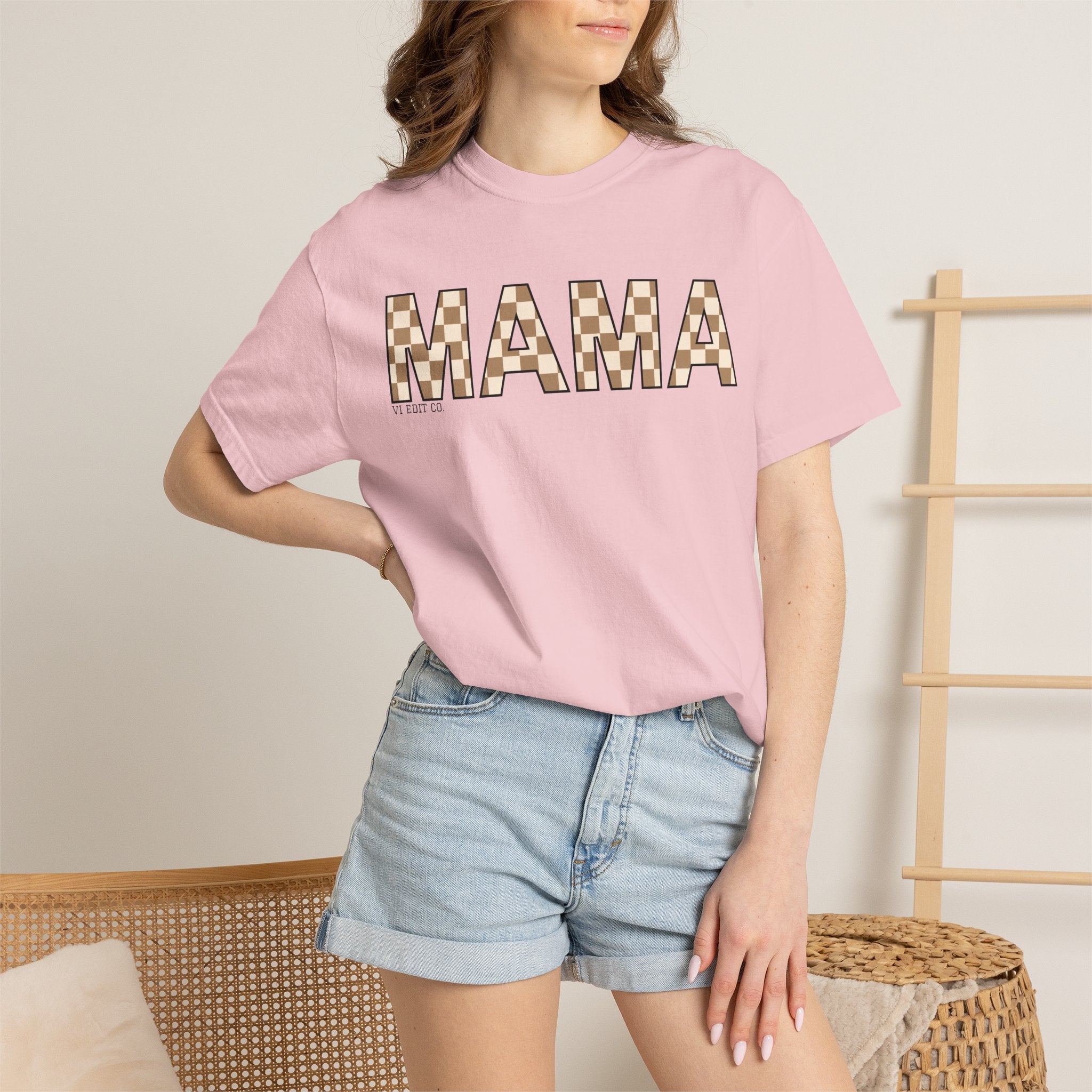 Mama Checkerboard T-Shirt | Mom Typography Tee, Neutral Plaid Letters