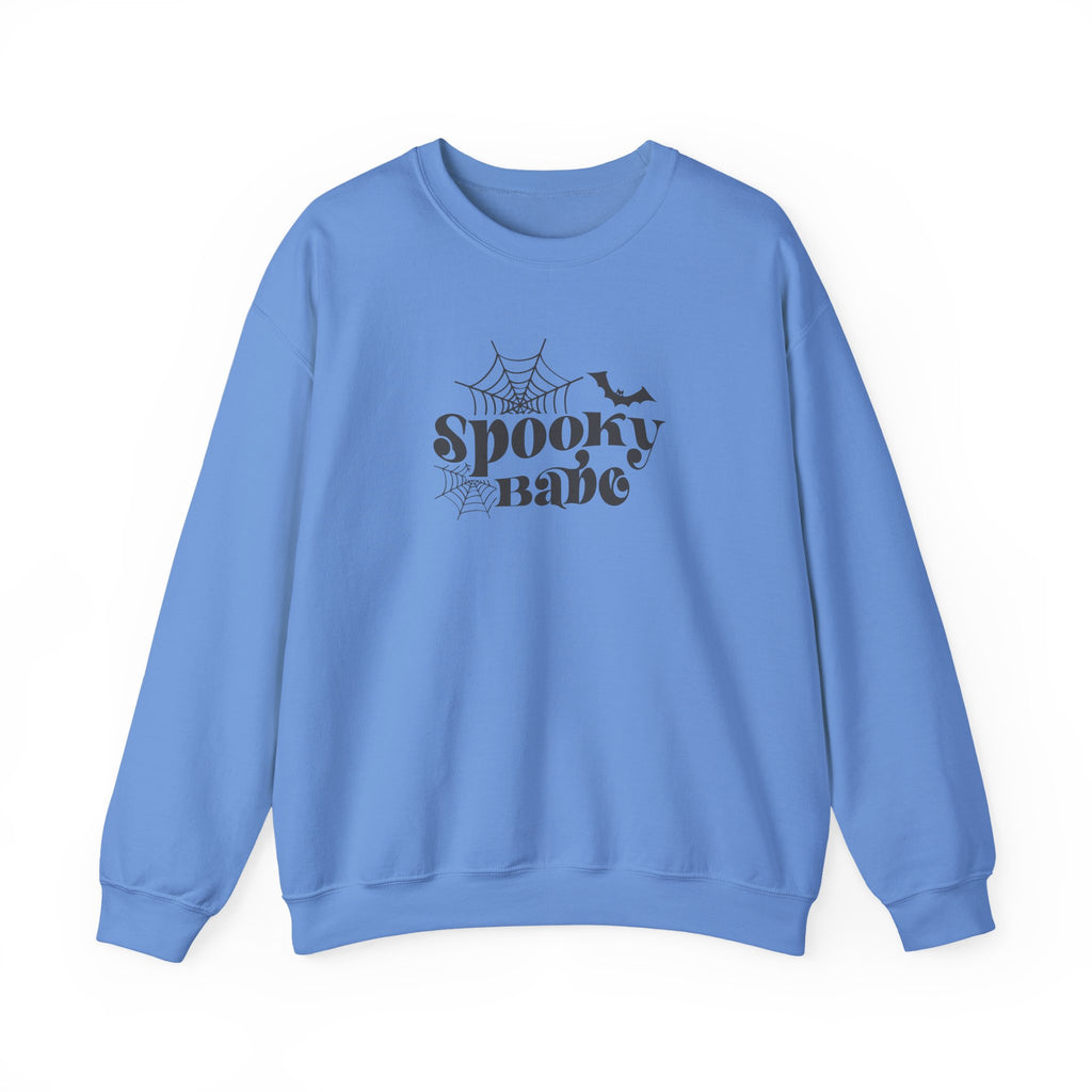 Spooky Babe Crewneck Sweatshirt — Halloween Spiderweb & Bat Graphic