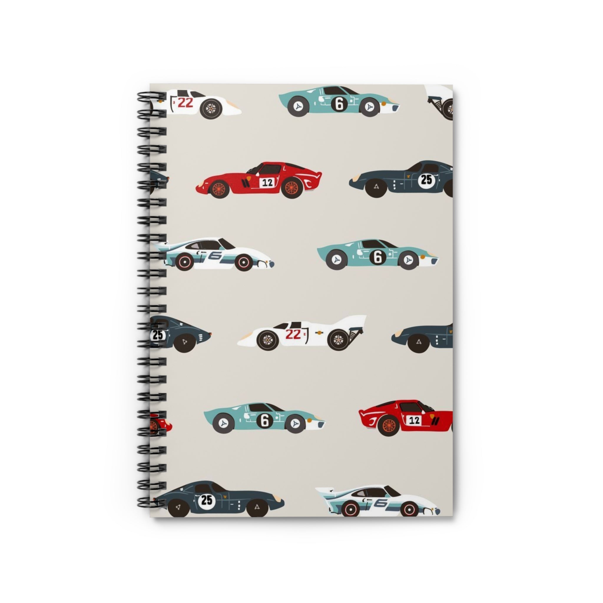 Vintage Racing Cars Spiral Notebook — Retro Sports Car Pattern Ruled Journal