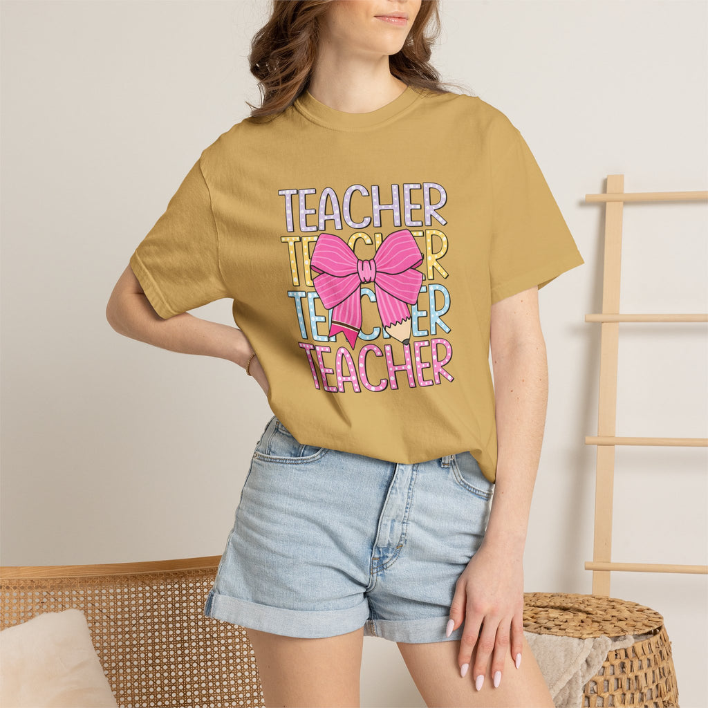 Teacher Stack with Pink Bow T-shirt | Teacher Typography Shirt