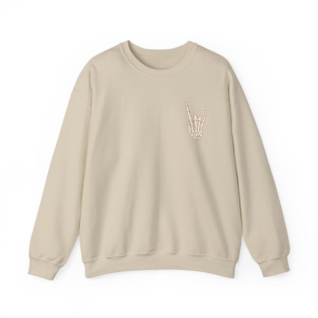 Halloweentown University Crewneck Sweatshirt — Skeleton Hand Rock On Pullover