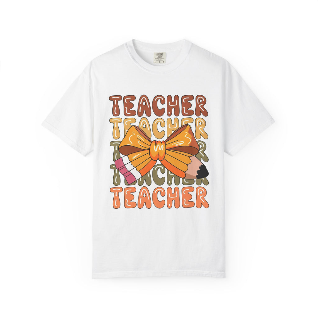 Teacher Bow Graphic T-Shirt — Cute Pencil & Ribbon Teacher Shirt for Educators