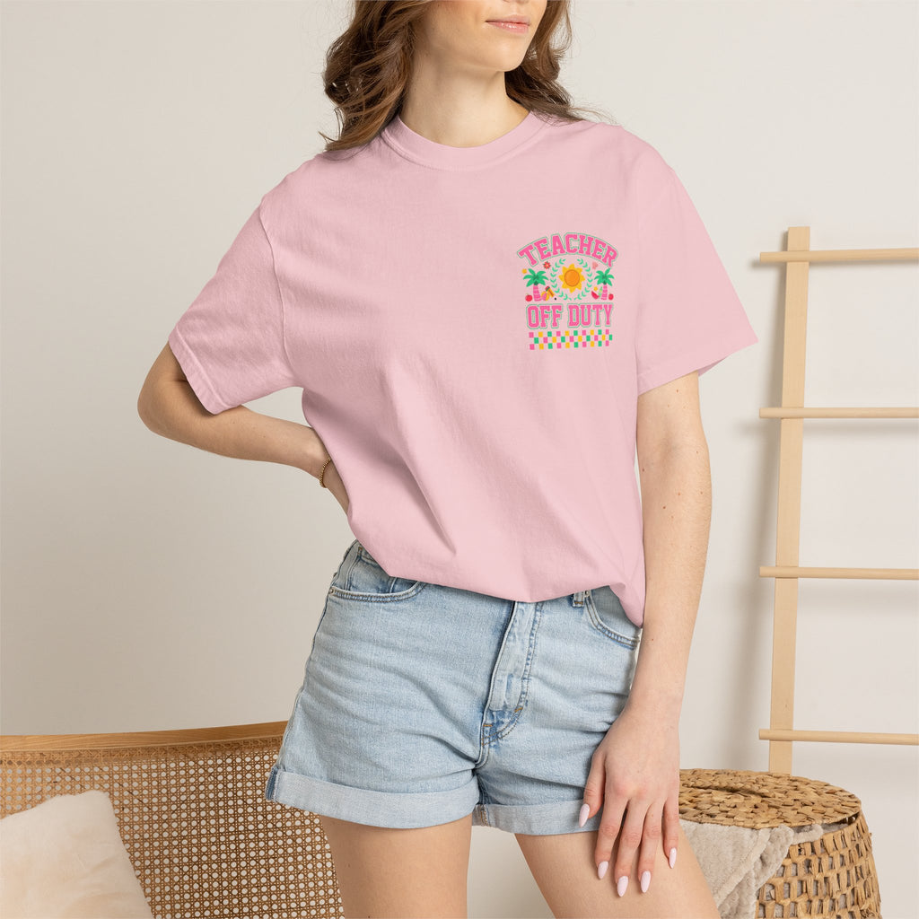 Teacher Off Duty T-Shirt | Beach Sun Palm Trees Retro Checkerboard