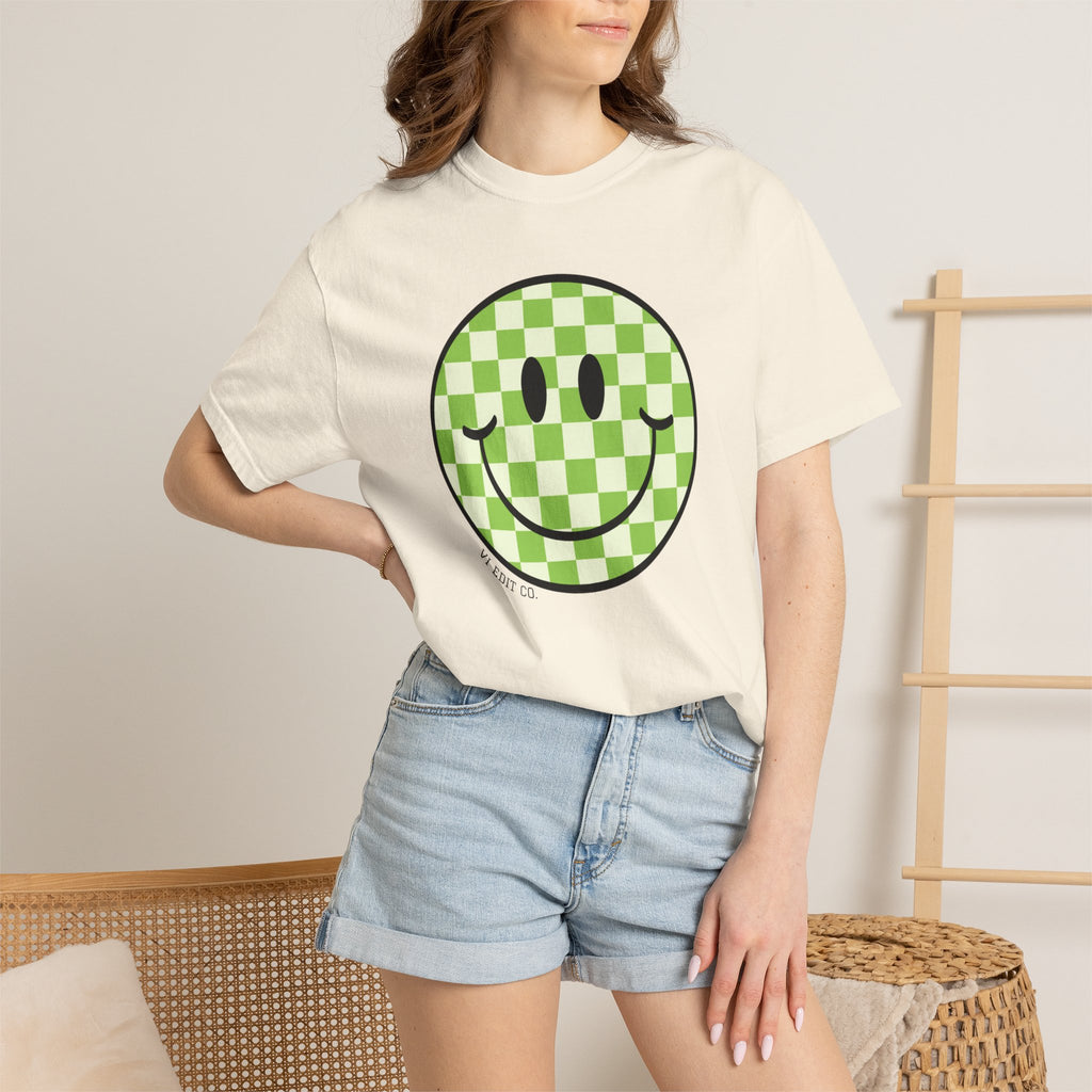 Green Checker Smiley Face T-shirt | Text Back "Just A Mama Who Loves Her Babes"