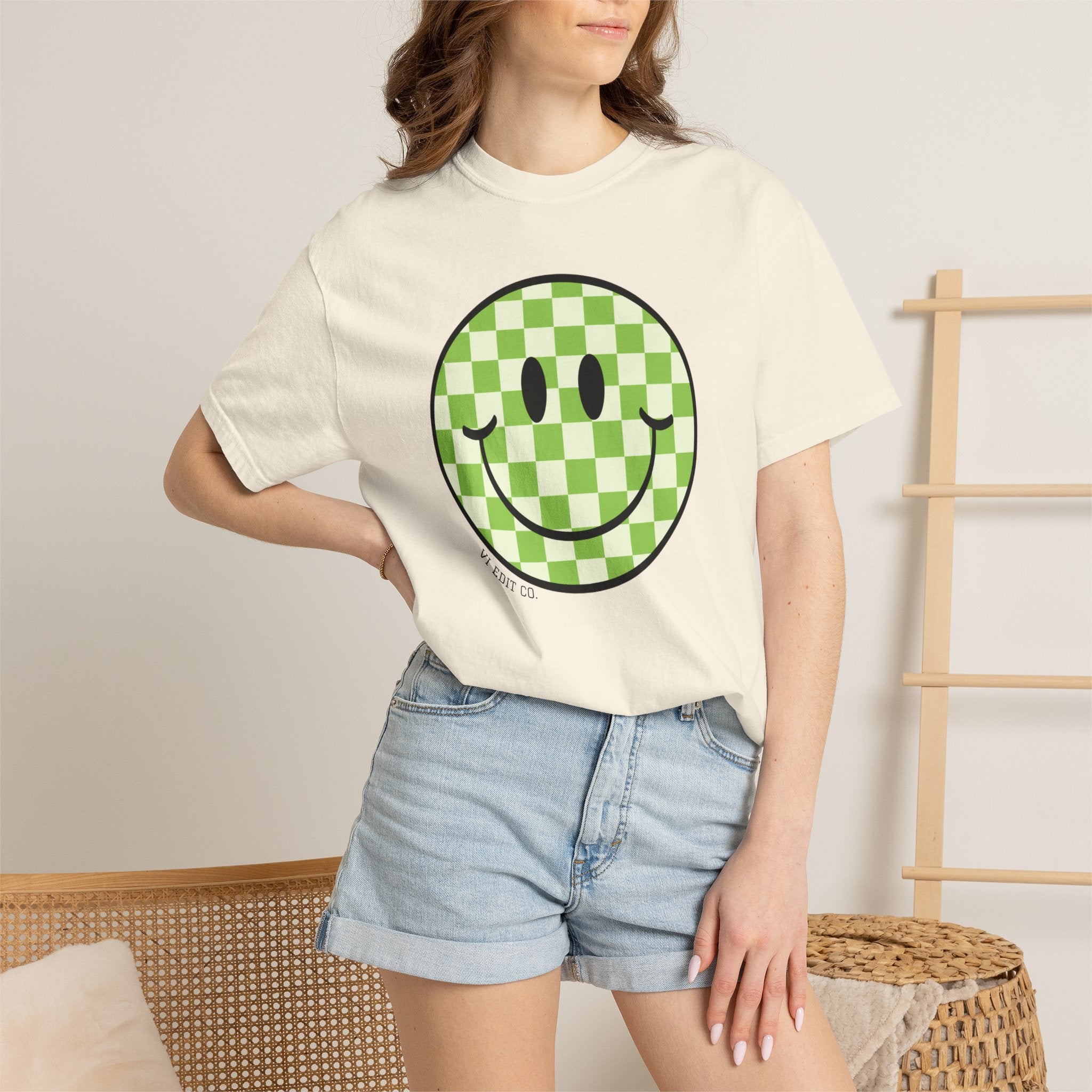 Green Checker Smiley Face T-shirt | Text Back "Just A Mama Who Loves Her Babes"