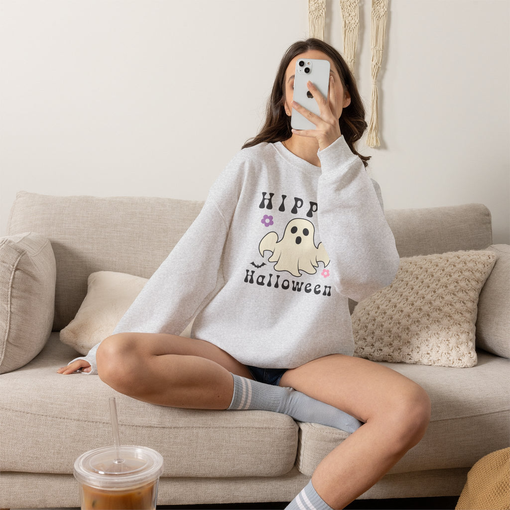 Hippie Halloween Crewneck Sweatshirt — Cute Retro Ghost Graphic