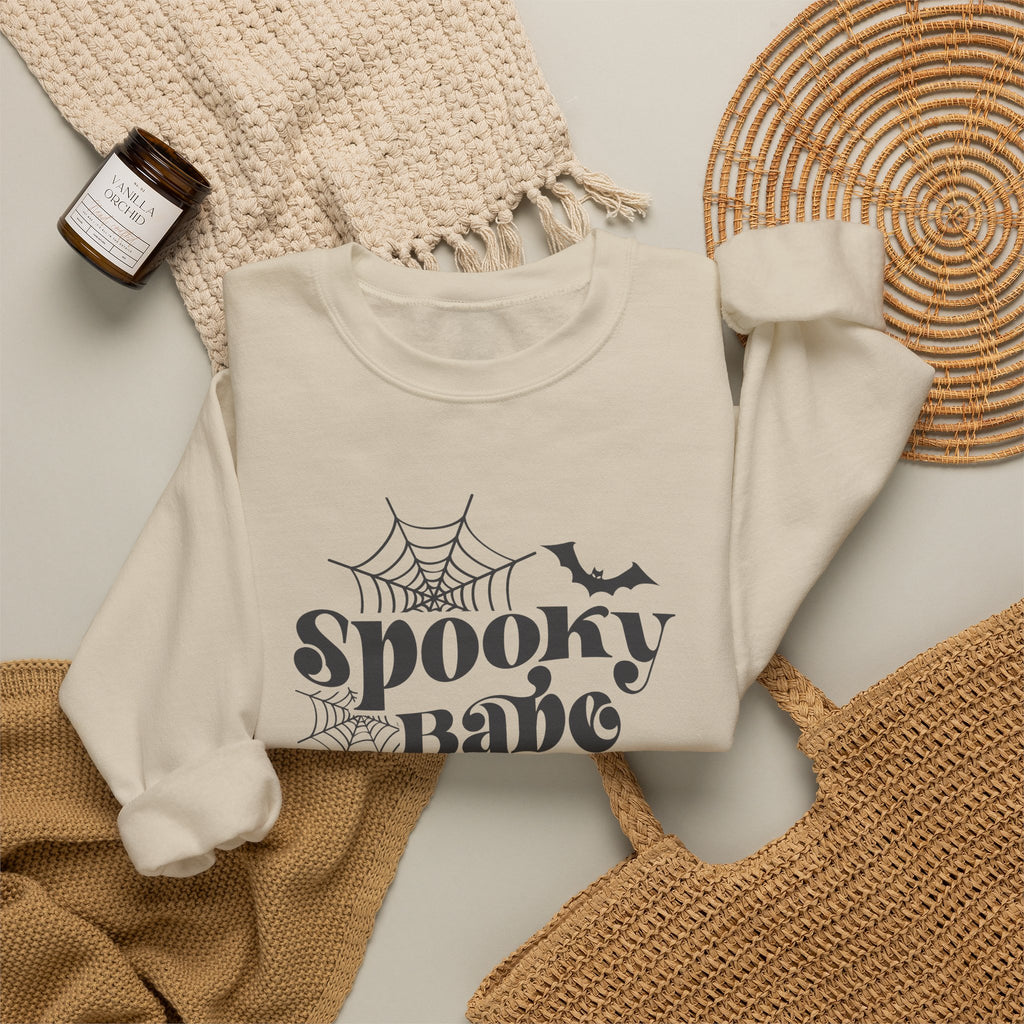 Spooky Babe Sweatshirt — Halloween Spiderweb & Bat Graphic Crewneck