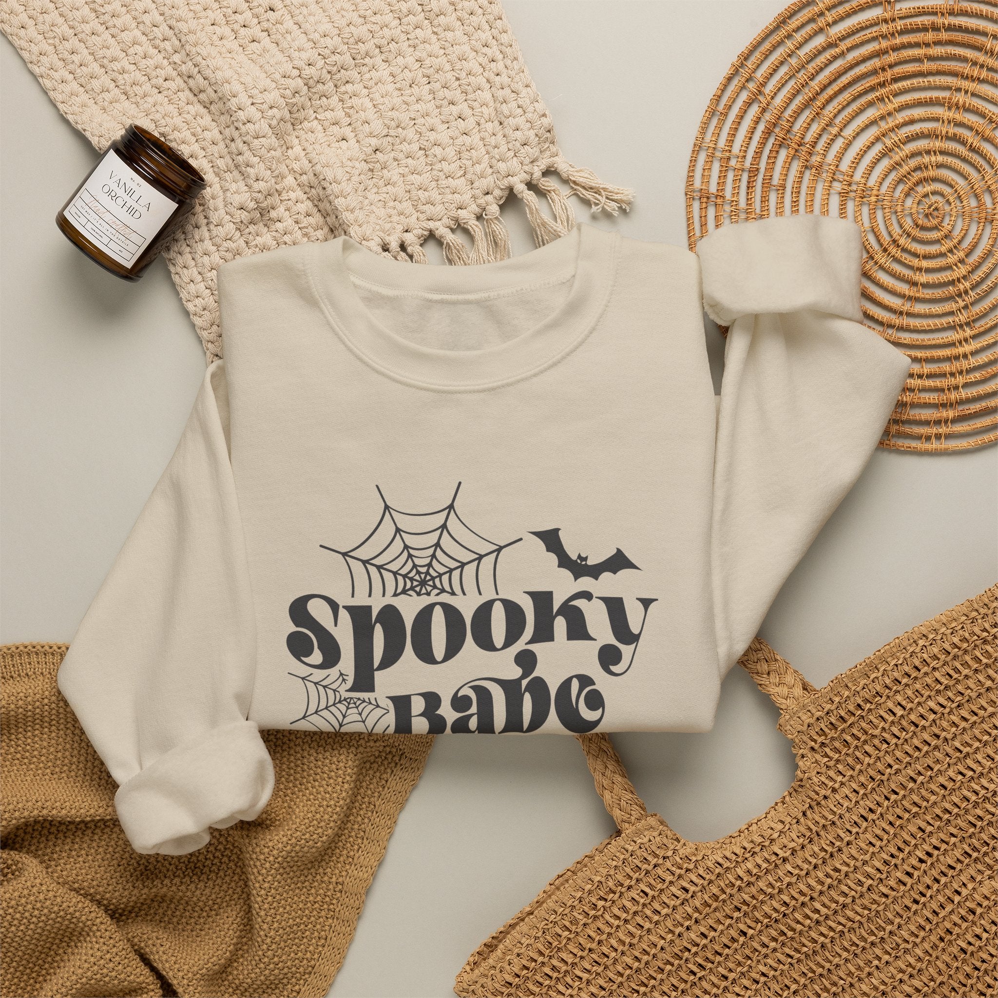 Spooky Babe Sweatshirt — Halloween Spiderweb & Bat Graphic Crewneck
