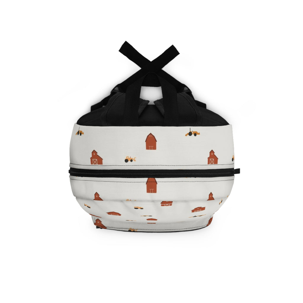 Minimalist Farmhouse Pattern Backpack – Cute Red Barn & Tractor Kids School Bag