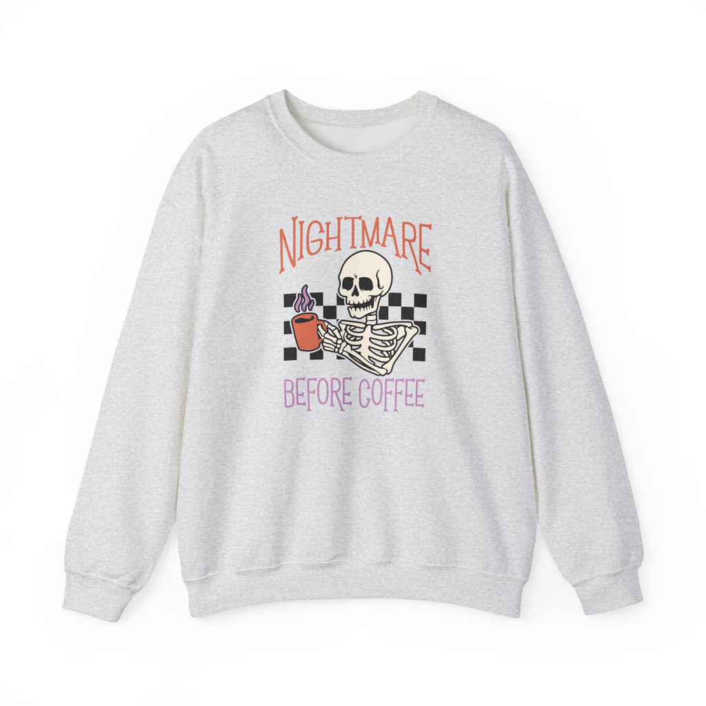 Crewneck Sweatshirt — "Nightmare Before Coffee" Skeleton Coffee Graphic