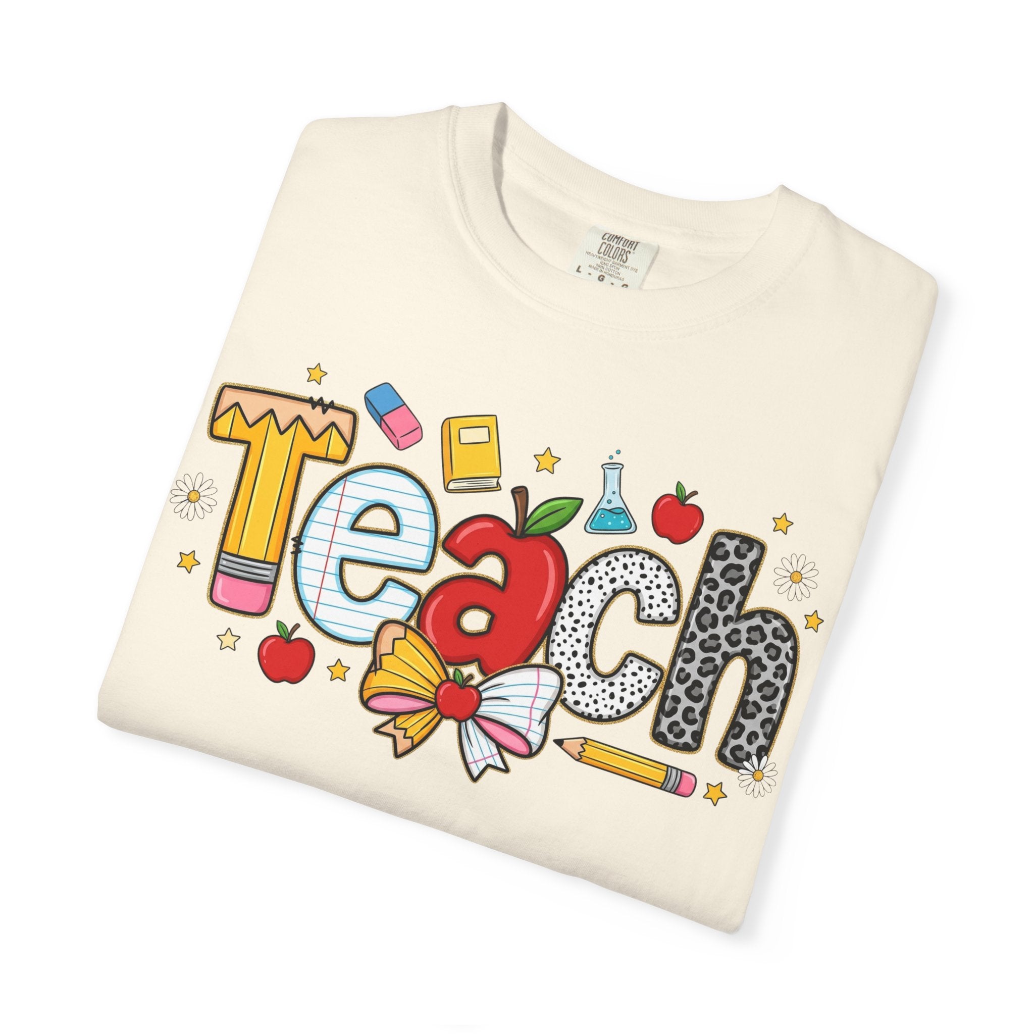 Teach Graphic T-Shirt — Cute School Teacher Gift (Apple, Pencil & Bow Design)