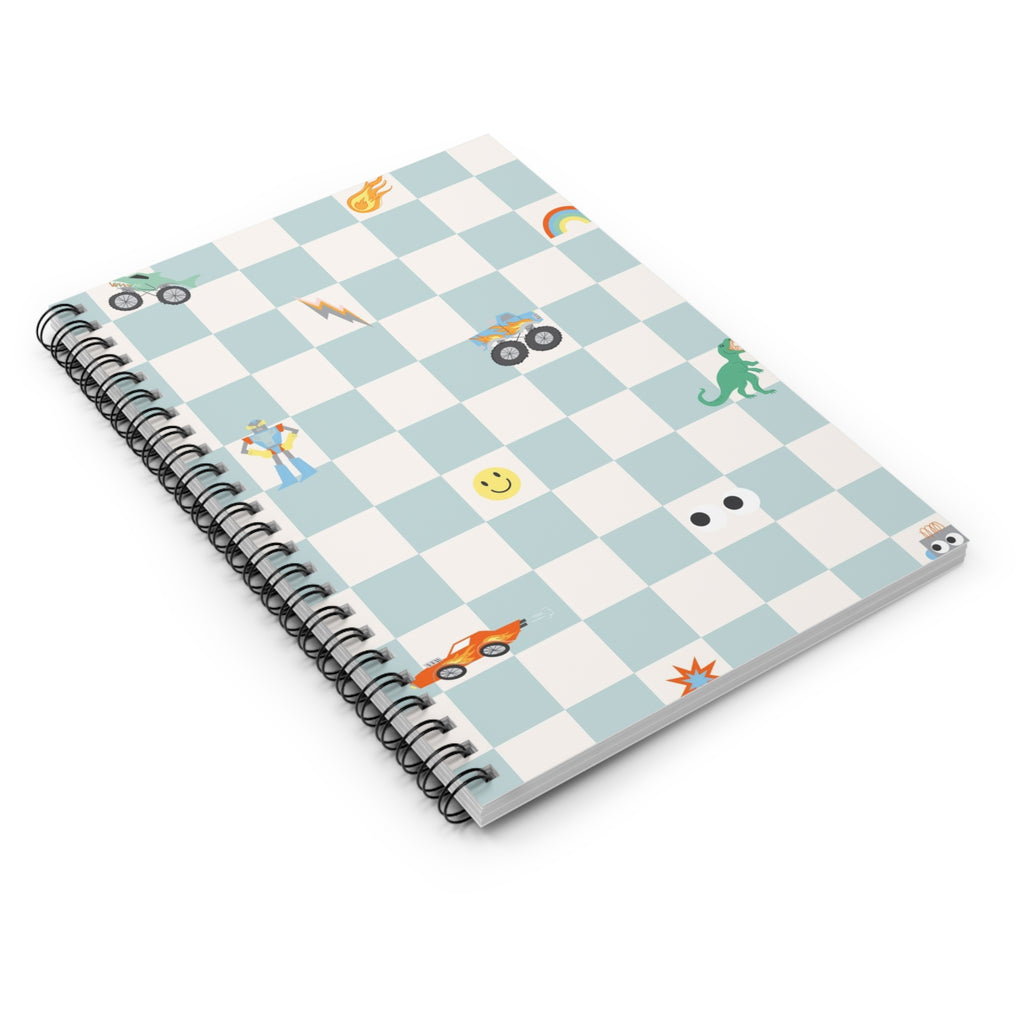 Checkerboard Kids Spiral Notebook — Playful Emoji & Race Car Ruled Journal