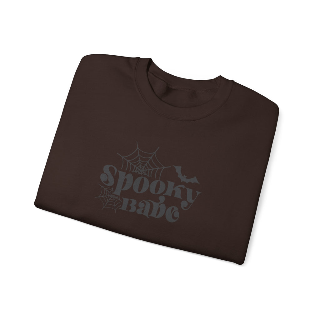 Spooky Babe Crewneck Sweatshirt — Halloween Spiderweb & Bat Graphic