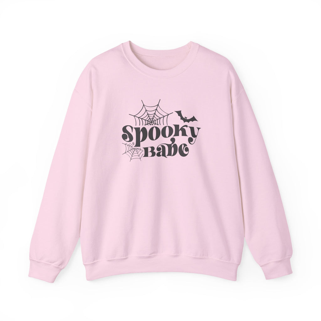Spooky Babe Sweatshirt — Halloween Spiderweb & Bat Graphic Crewneck