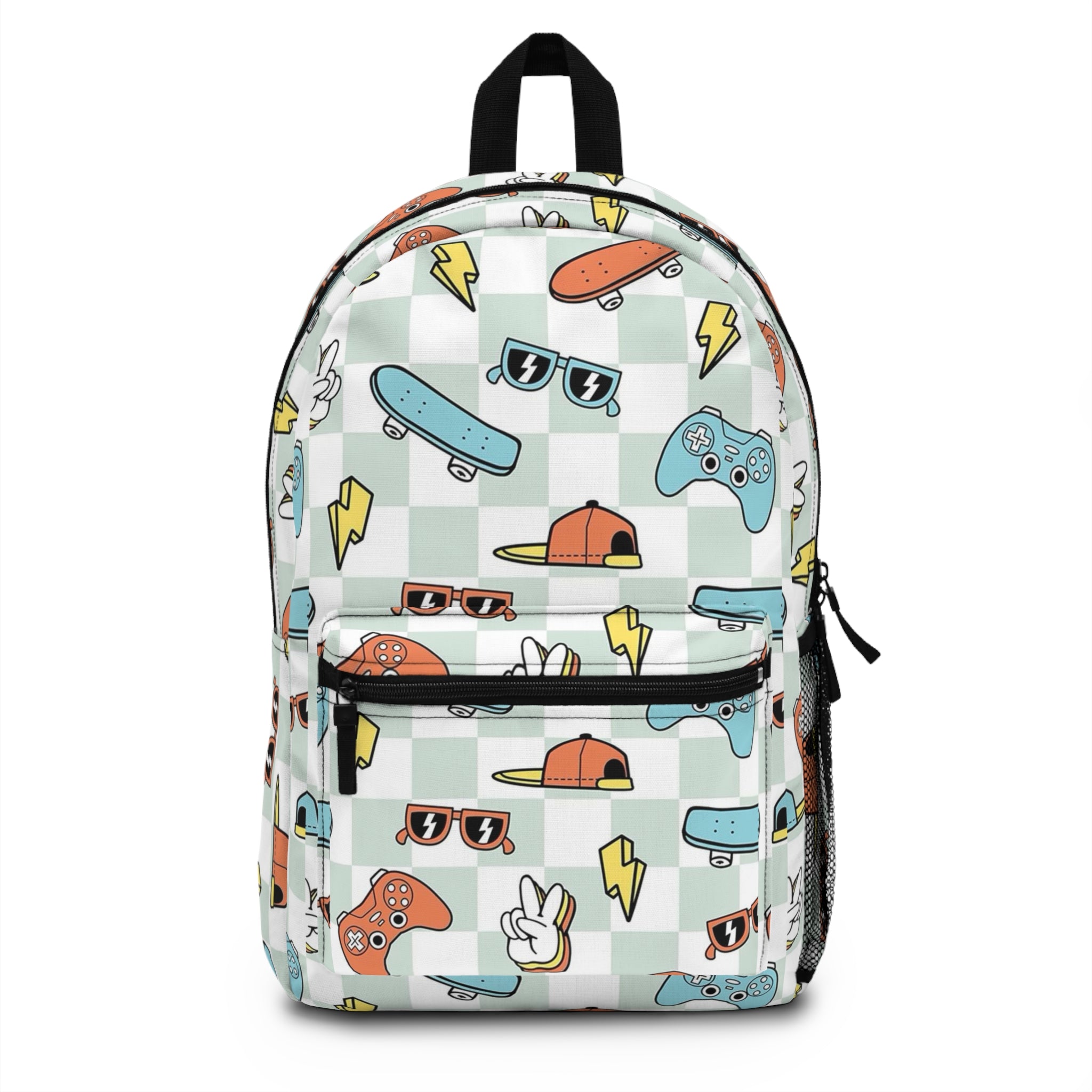 Youth Skate & Game Pattern Backpack — Retro Skateboards, Controllers & Sunglasses Print